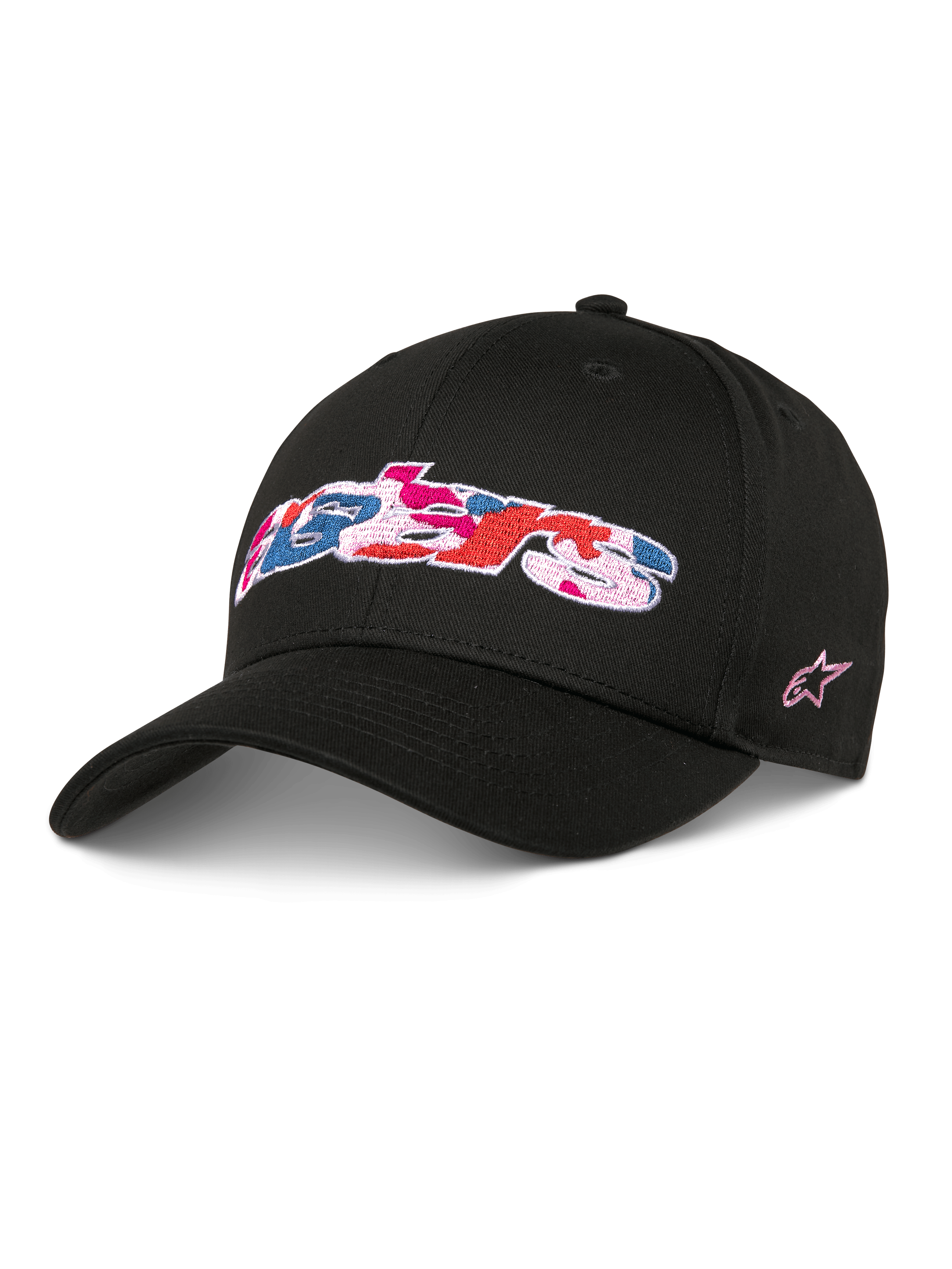 Alpinestars Canyon Hat, czarna czapka baseballowa typu snapback, zakrzywiony daszek i usztywniona korona, przednie logo Astars z haftem wypełnionym różowym, niebieskim i czerwonym kamuflażem, różowe logo gwiazdy z boku, casualowy streetwear z bawełnianego twillu