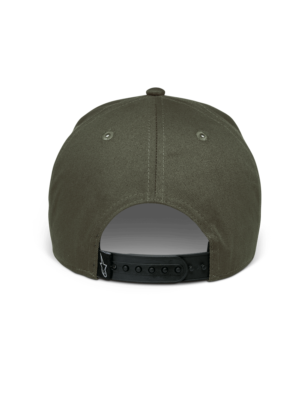 Alpinestars Canyon Hat, kolor Military Green, widok z tyłu przedstawiający regulowane czarne zapięcie typu snapback, usztywniona korona z bawełnianej tkaniny o splocie skośnym, mała czarna tkana metka z białym logo Astars, codzienne nakrycie głowy w stylu motorsportowym