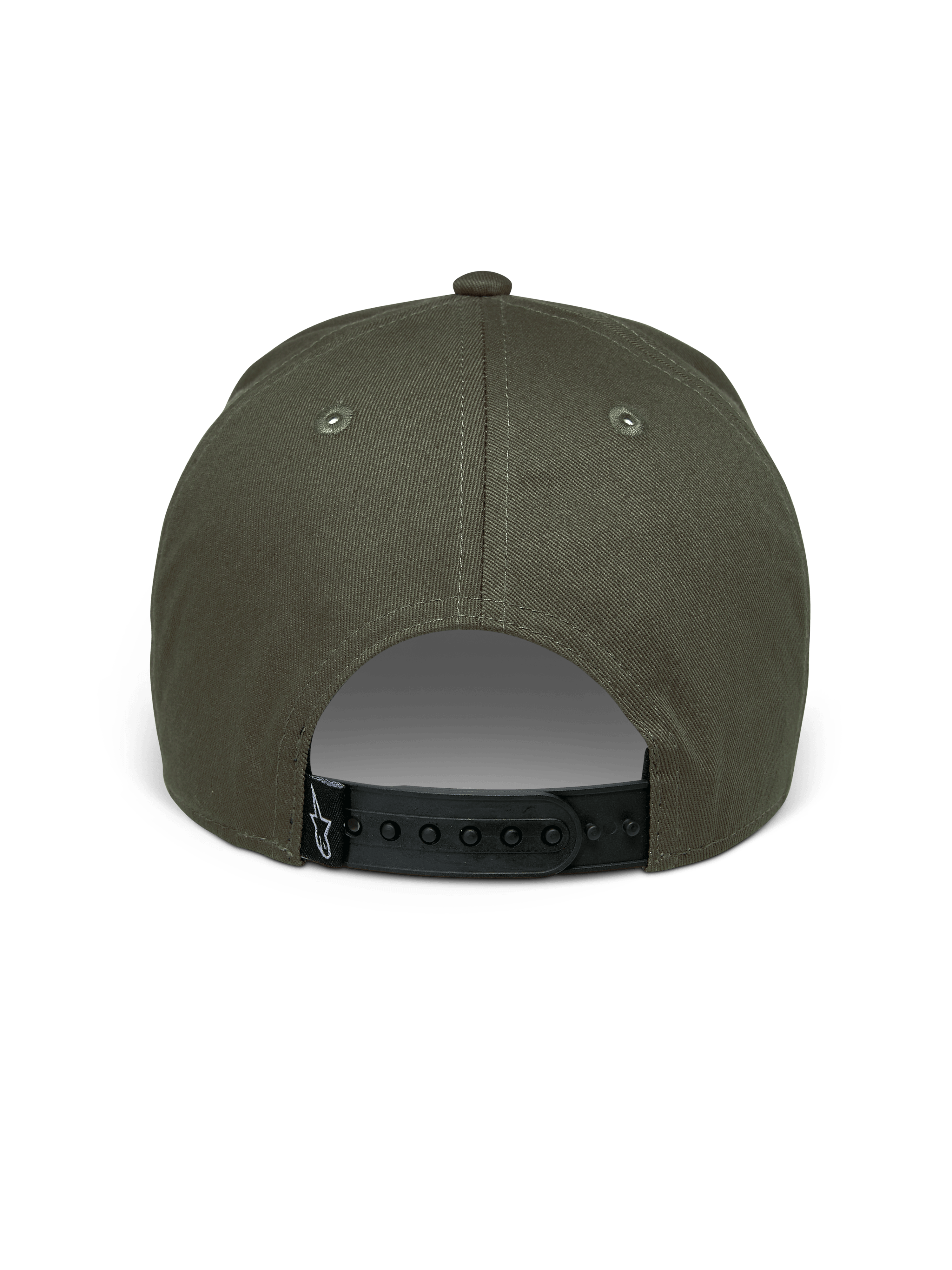 Alpinestars Canyon Hat, kolor Military Green, widok z tyłu przedstawiający regulowane czarne zapięcie typu snapback, usztywniona korona z bawełnianej tkaniny o splocie skośnym, mała czarna tkana metka z białym logo Astars, codzienne nakrycie głowy w stylu motorsportowym