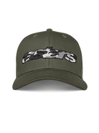 Czapka Alpinestars Canyon, zielona, czapka z daszkiem typu snapback z zakrzywionym daszkiem, z przodu haftowane logo Astars z wypełnieniem camo, casualowa odzież motorsport streetwear