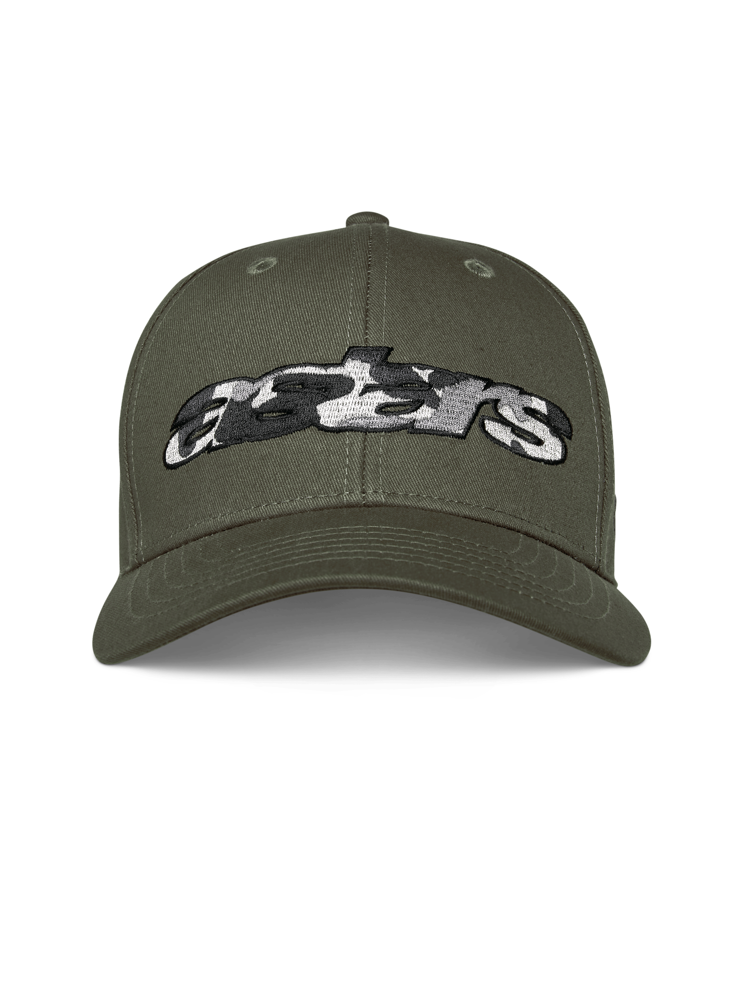Czapka Alpinestars Canyon, zielona, czapka z daszkiem typu snapback z zakrzywionym daszkiem, z przodu haftowane logo Astars z wypełnieniem camo, casualowa odzież motorsport streetwear