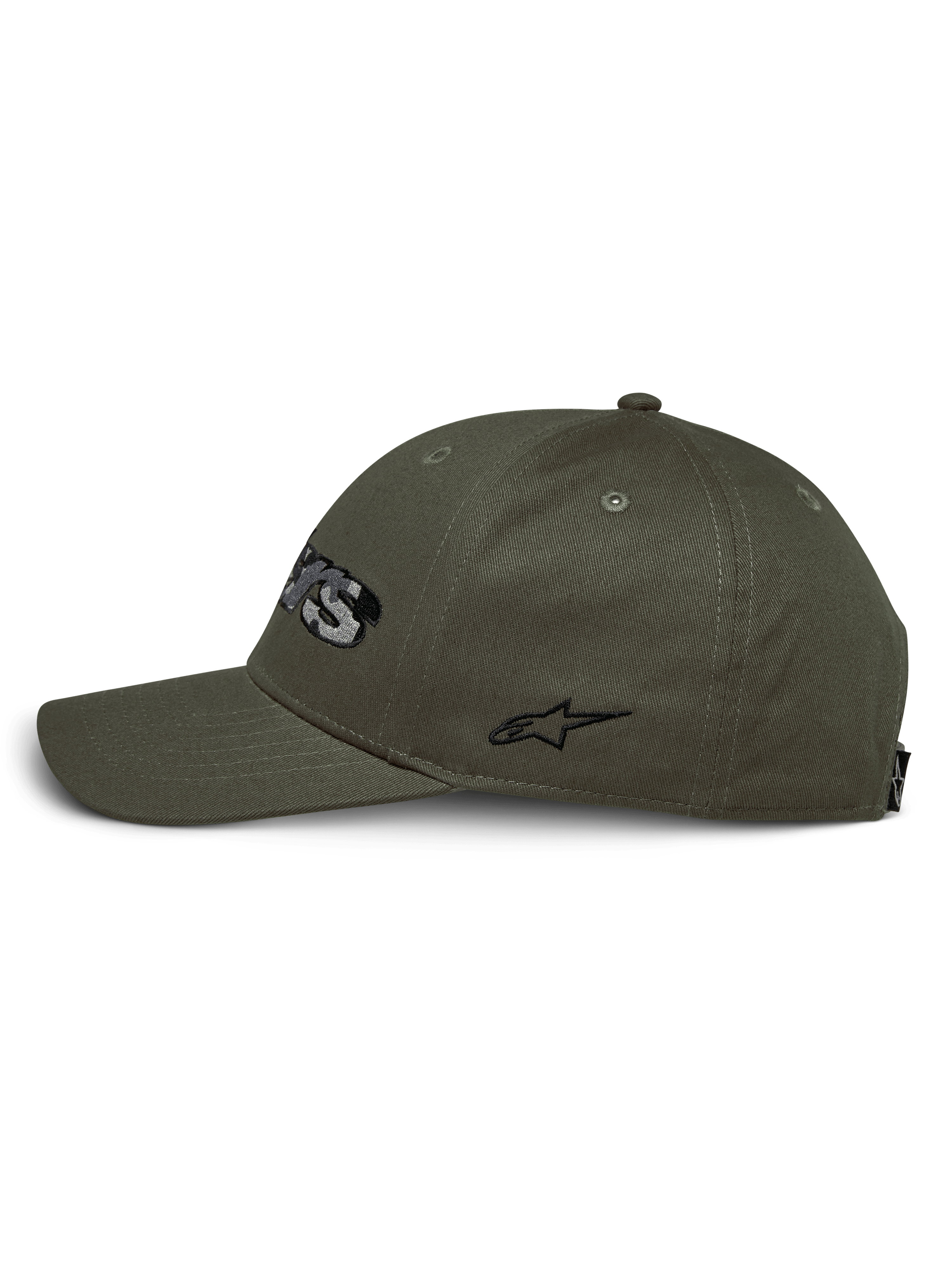 Alpinestars Canyon Hat, widok z boku, militarna zieleń, zakrzywiony daszek ze strukturalną koroną, bawełniany splot skośny, czarne haftowane logo z boku, codzienna odzież uliczna w stylu motorsport