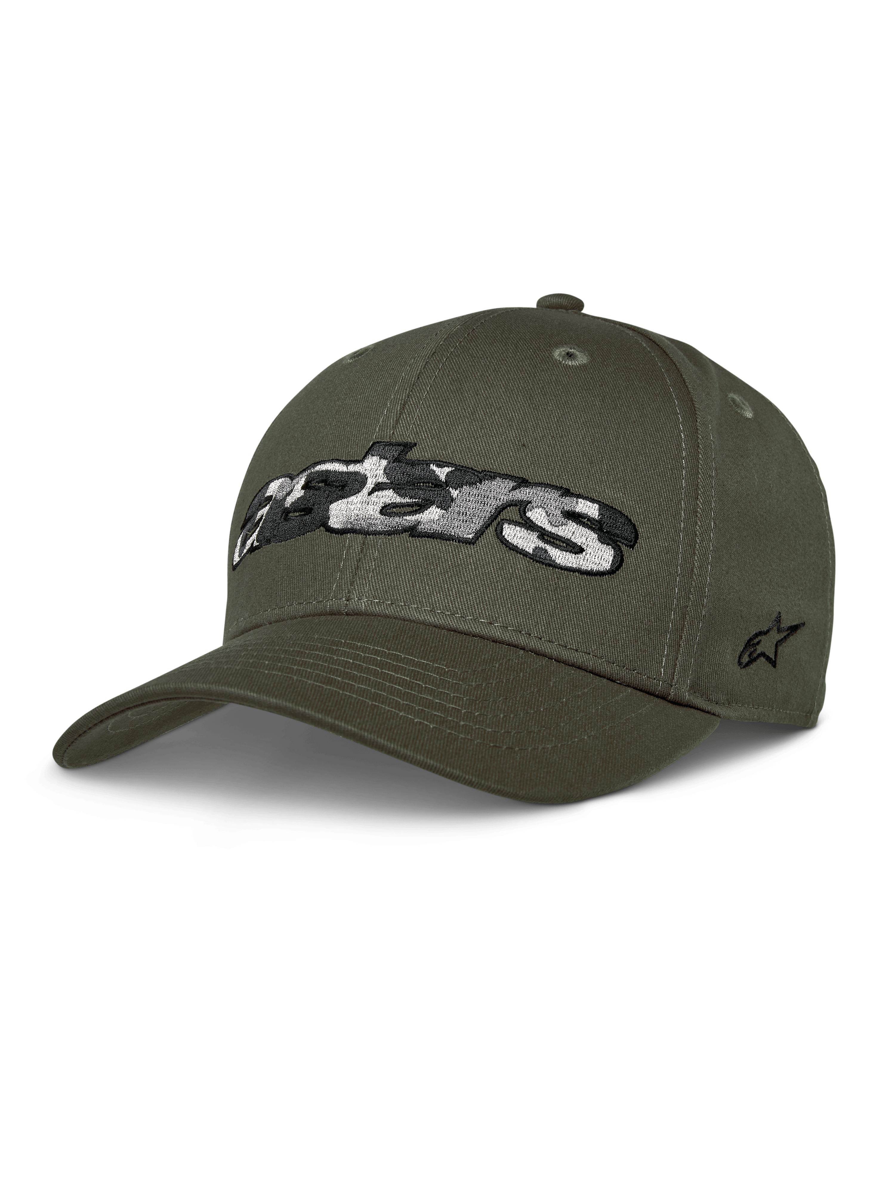 Alpinestars Canyon Hat, oliwkowozielona czapka z daszkiem, sztywna korona z zakrzywionym daszkiem, duże logo Astars z kamuflażowym wypełnieniem z przodu, boczna haftowana gwiazda, casualowy styl motorsportowy