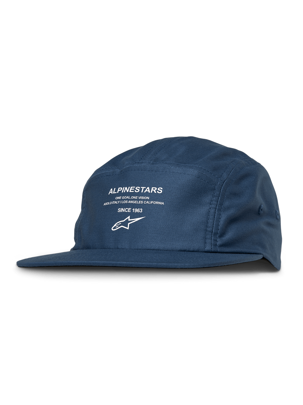 Alpinestars Peasy Hat, 5-panelowa czapka typu jockey, niebieska z białym nadrukiem graficznym i logo, płaski daszek, nieusztywniona korona, casualowy styl motorsport