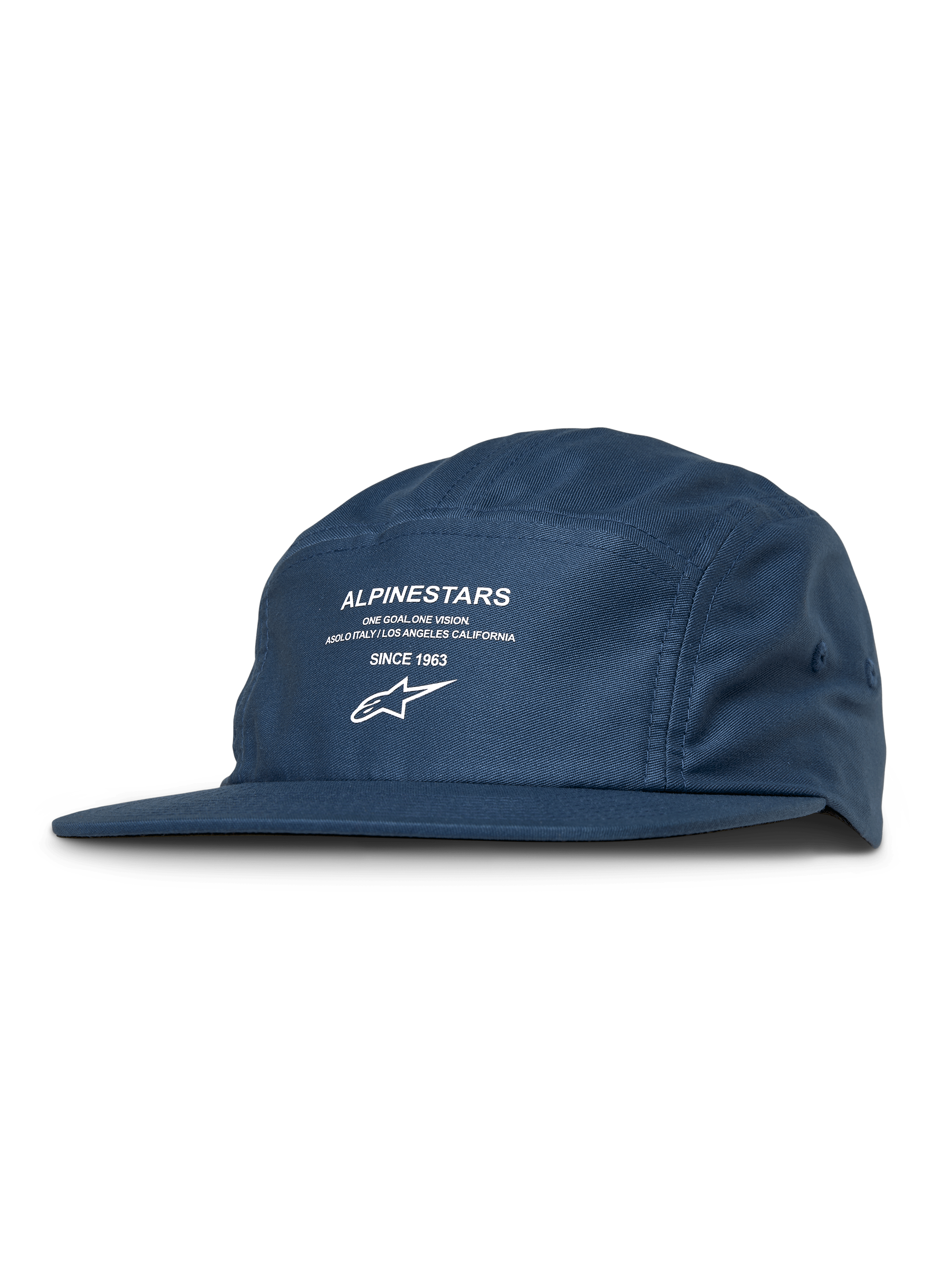 Alpinestars Peasy Hat, 5-panelowa czapka typu jockey, niebieska z białym nadrukiem graficznym i logo, płaski daszek, nieusztywniona korona, casualowy styl motorsport