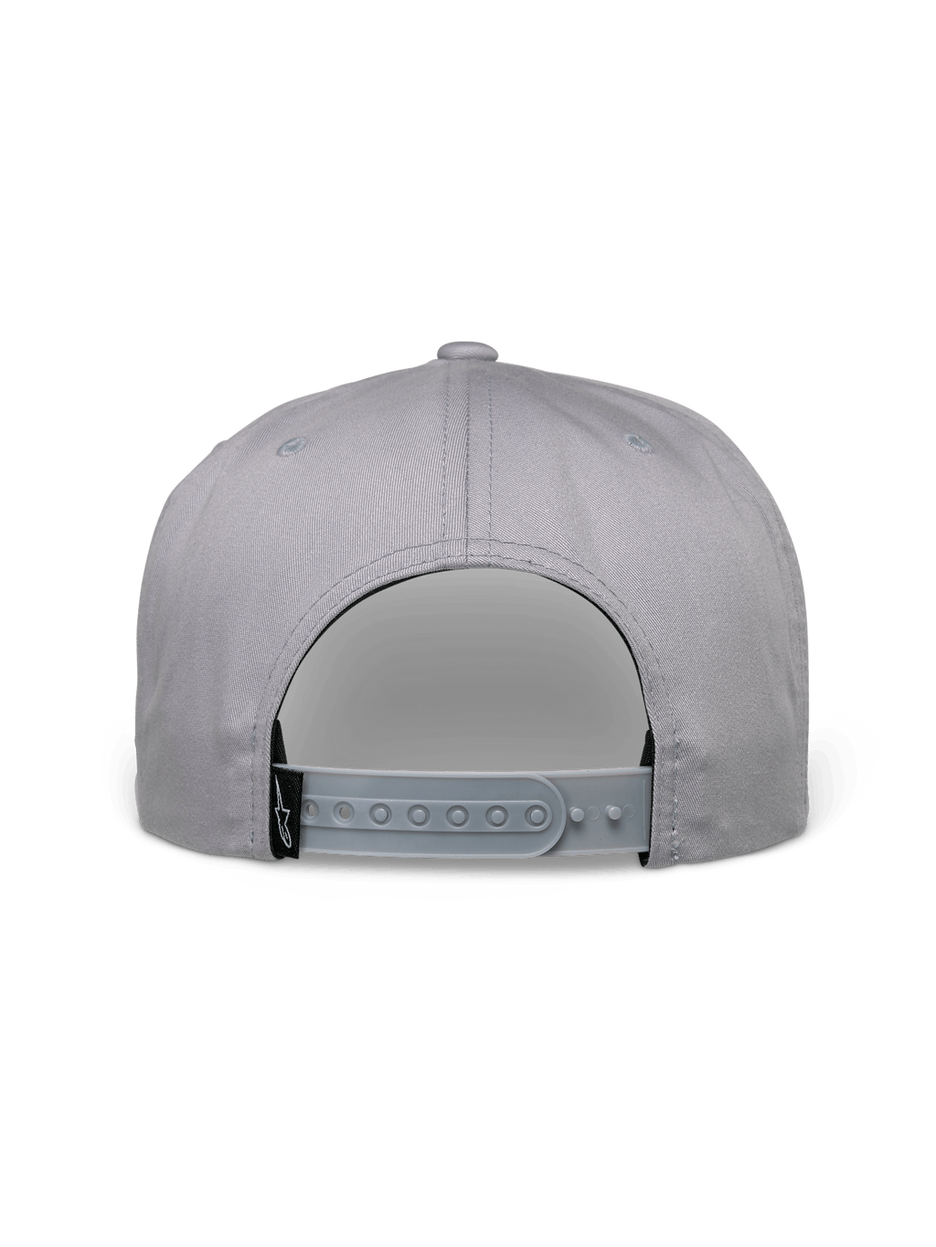 Alpinestars Glphy Hat, szara czapka typu snapback, widok z tyłu z regulowanym zapięciem, czarna tkana etykieta z logo, sztywna korona, casualowy styl streetwearowy