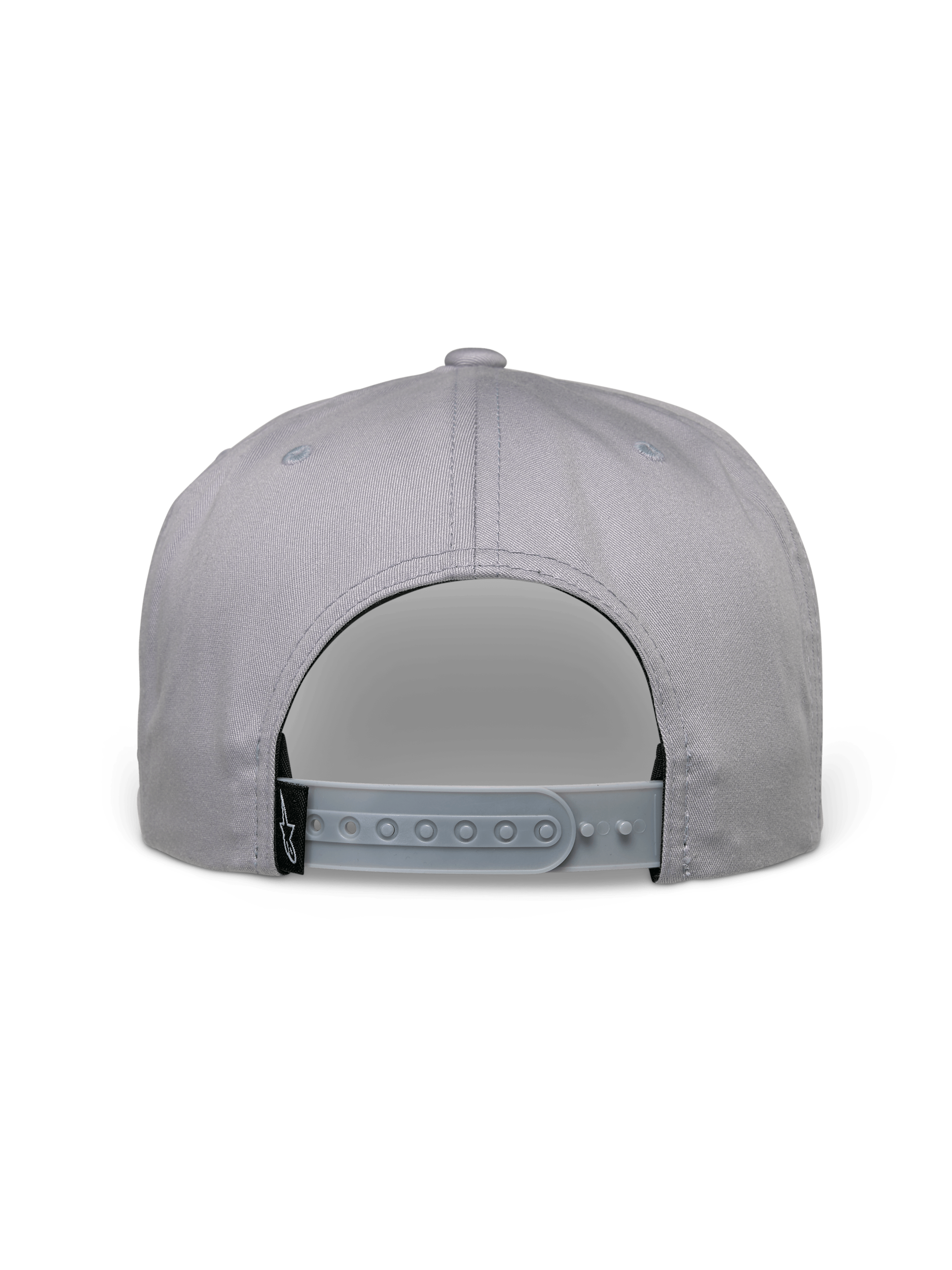Alpinestars Glphy Hat, szara czapka typu snapback, widok z tyłu z regulowanym zapięciem, czarna tkana etykieta z logo, sztywna korona, casualowy styl streetwearowy