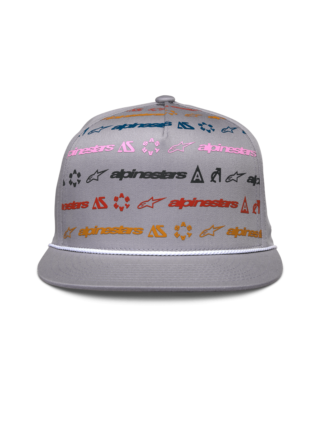 Alpinestars Glphy Hat, szara czapka z płaskim daszkiem typu snapback, sztywna korona z wielokolorowym poziomym nadrukiem logo, biały ozdobny sznurek przy daszku, casualowe nakrycie głowy inspirowane motorsportem