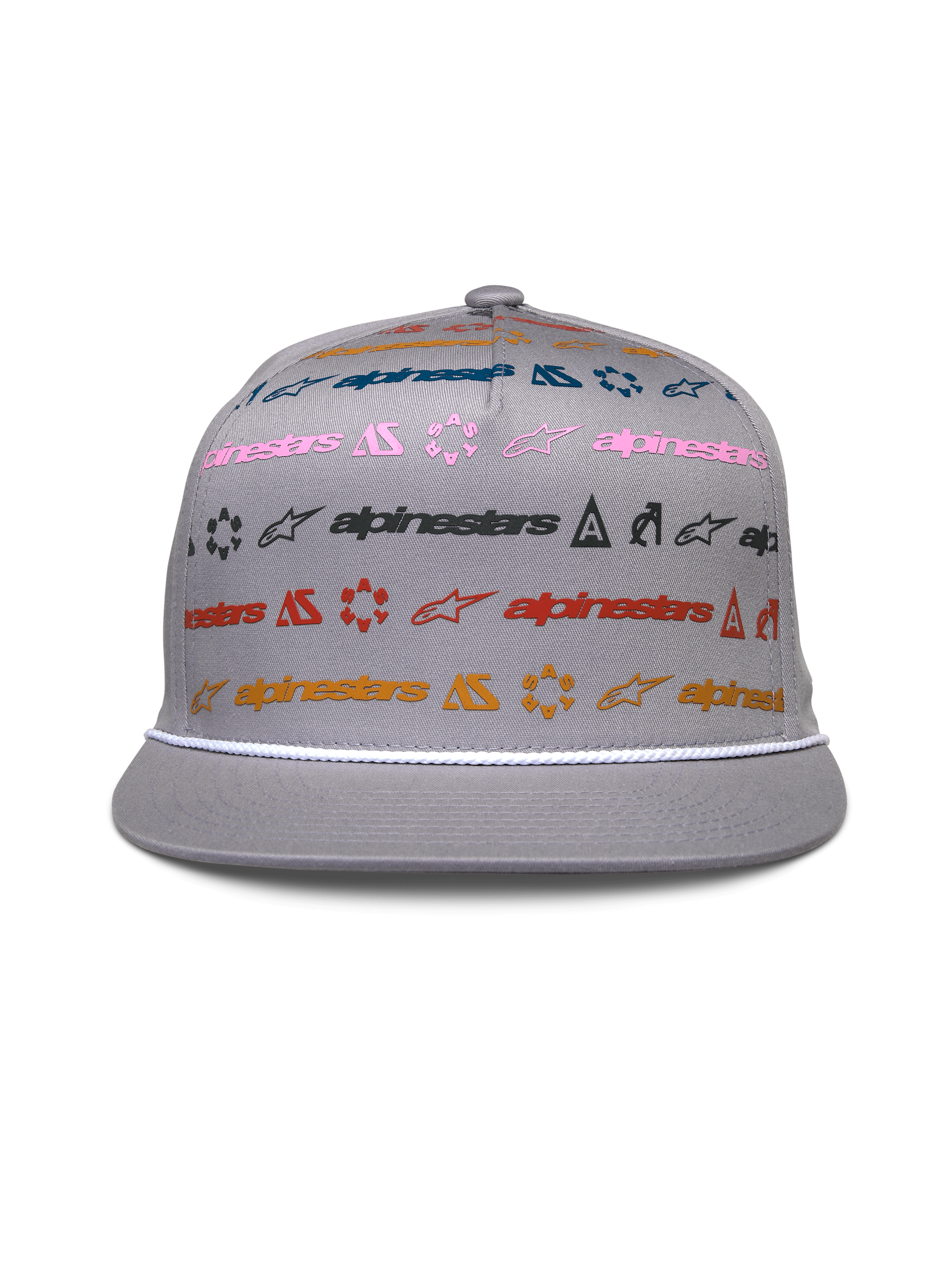 Alpinestars Glphy Hat, szara czapka z płaskim daszkiem typu snapback, sztywna korona z wielokolorowym poziomym nadrukiem logo, biały ozdobny sznurek przy daszku, casualowe nakrycie głowy inspirowane motorsportem
