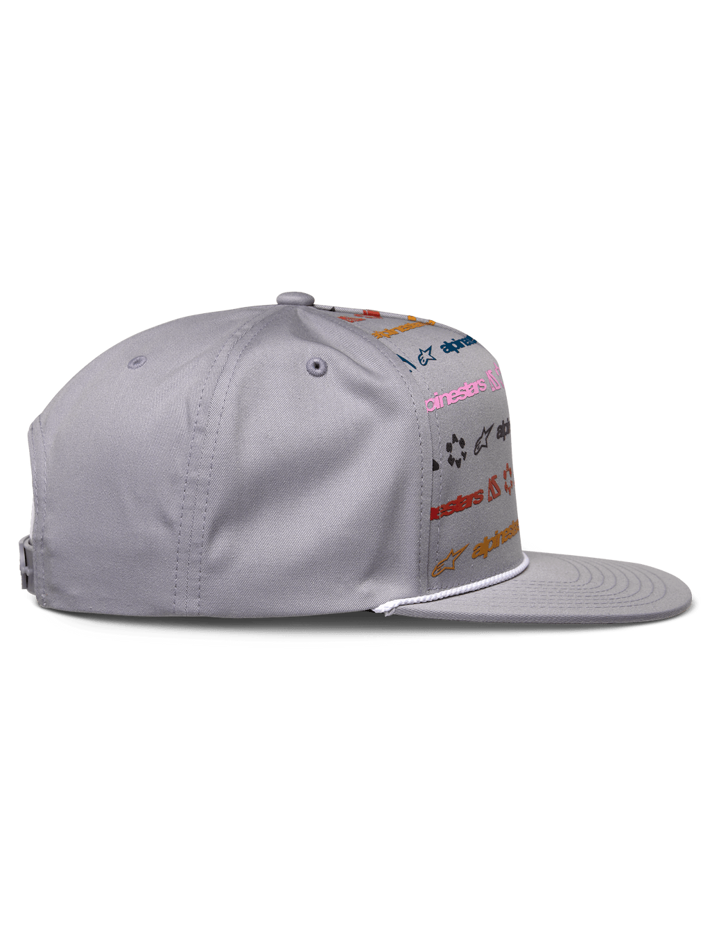Alpinestars Glphy Hat, szara czapka snapback z płaskim daszkiem, wielokolorowy nadruk z logo, biały ozdobny sznurek przy daszku, sztywna korona, codzienne nakrycie głowy inspirowane sportami motorowymi