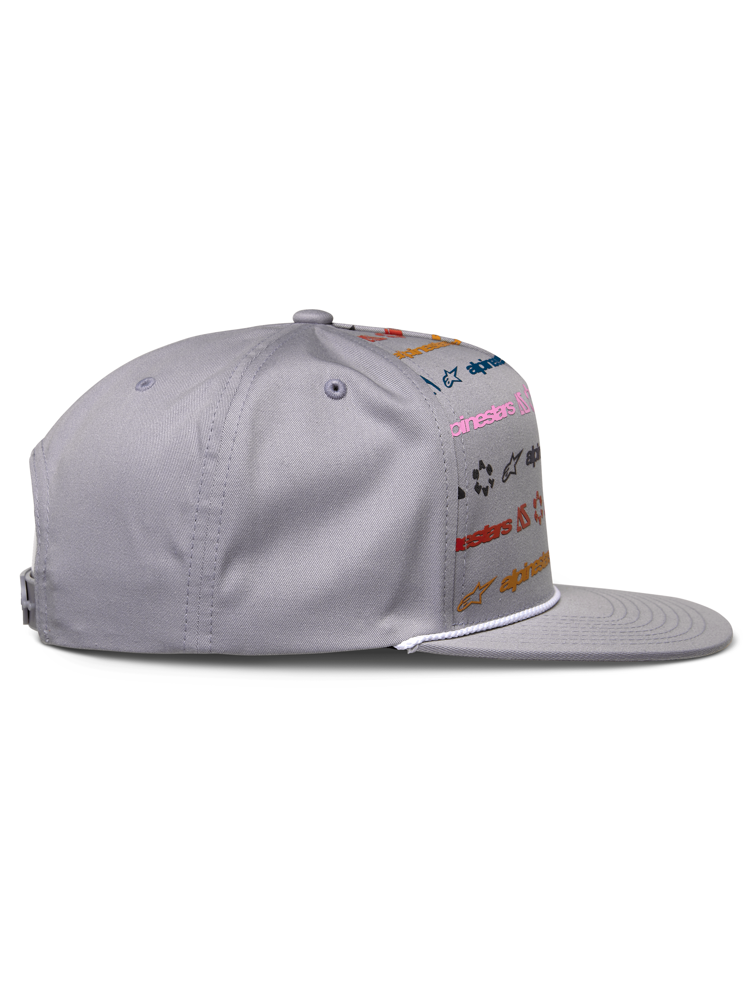 Alpinestars Glphy Hat, szara czapka snapback z płaskim daszkiem, wielokolorowy nadruk z logo, biały ozdobny sznurek przy daszku, sztywna korona, codzienne nakrycie głowy inspirowane sportami motorowymi