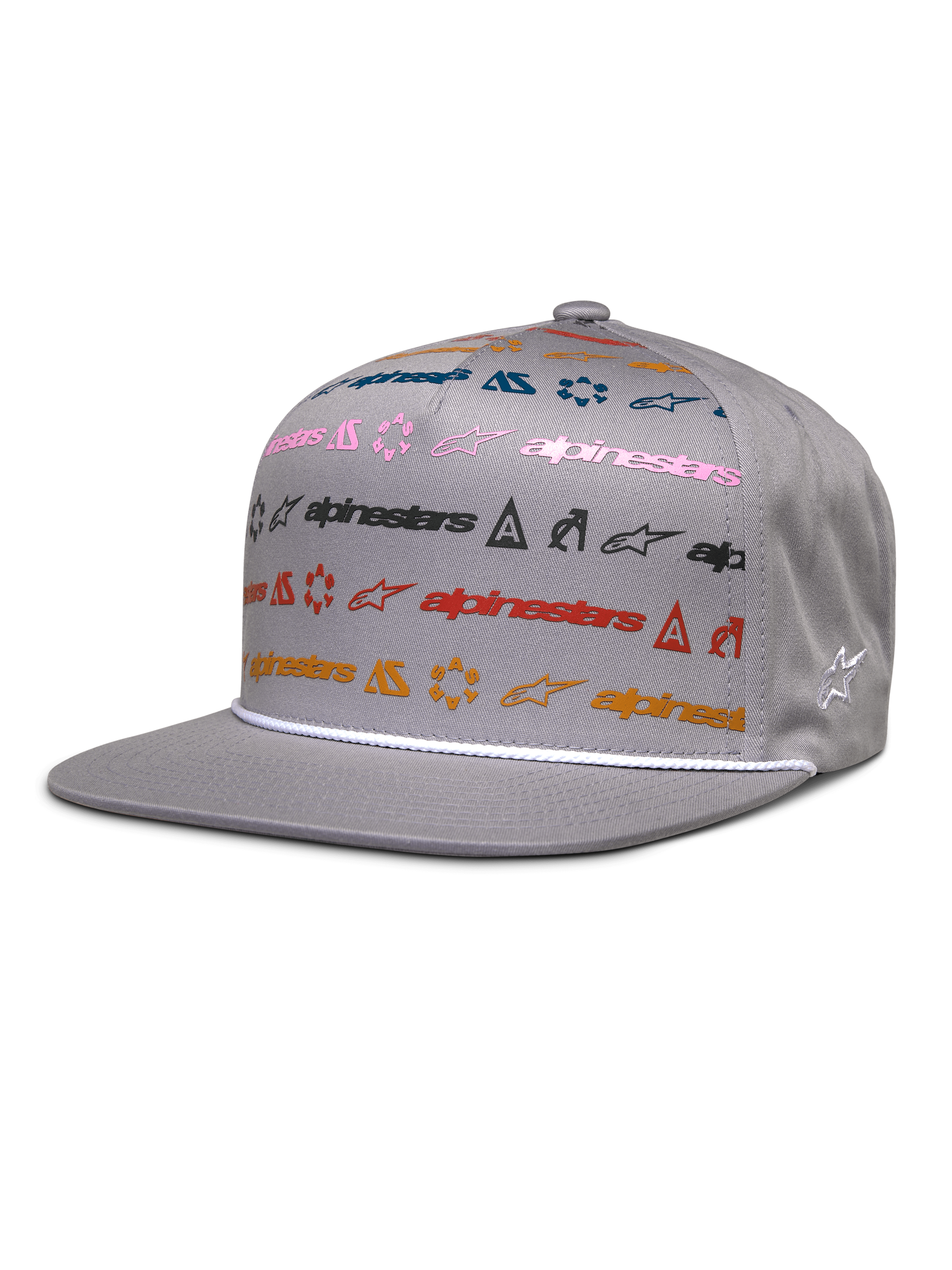 Alpinestars Glphy Hat, szara czapka z płaskim daszkiem typu snapback, kolorowy nadruk z wieloma logo w kolorach różowym, niebieskim, czerwonym i pomarańczowym, biały ozdobny sznurek nad daszkiem, sztywna korona z haftowanym logo gwiazdy z boku