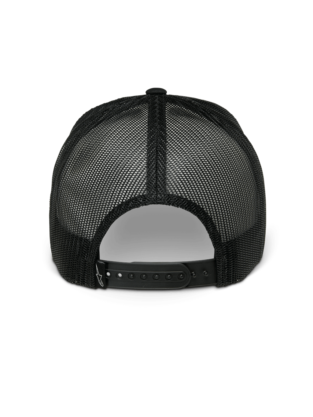 Alpinestars Gambit Trucker Hat, czarna czapka z daszkiem typu snapback, widok z tyłu ukazujący oddychające panele z poliestrowej siatki i regulowane zapięcie typu snapback, codzienna odzież sportowa motorsport