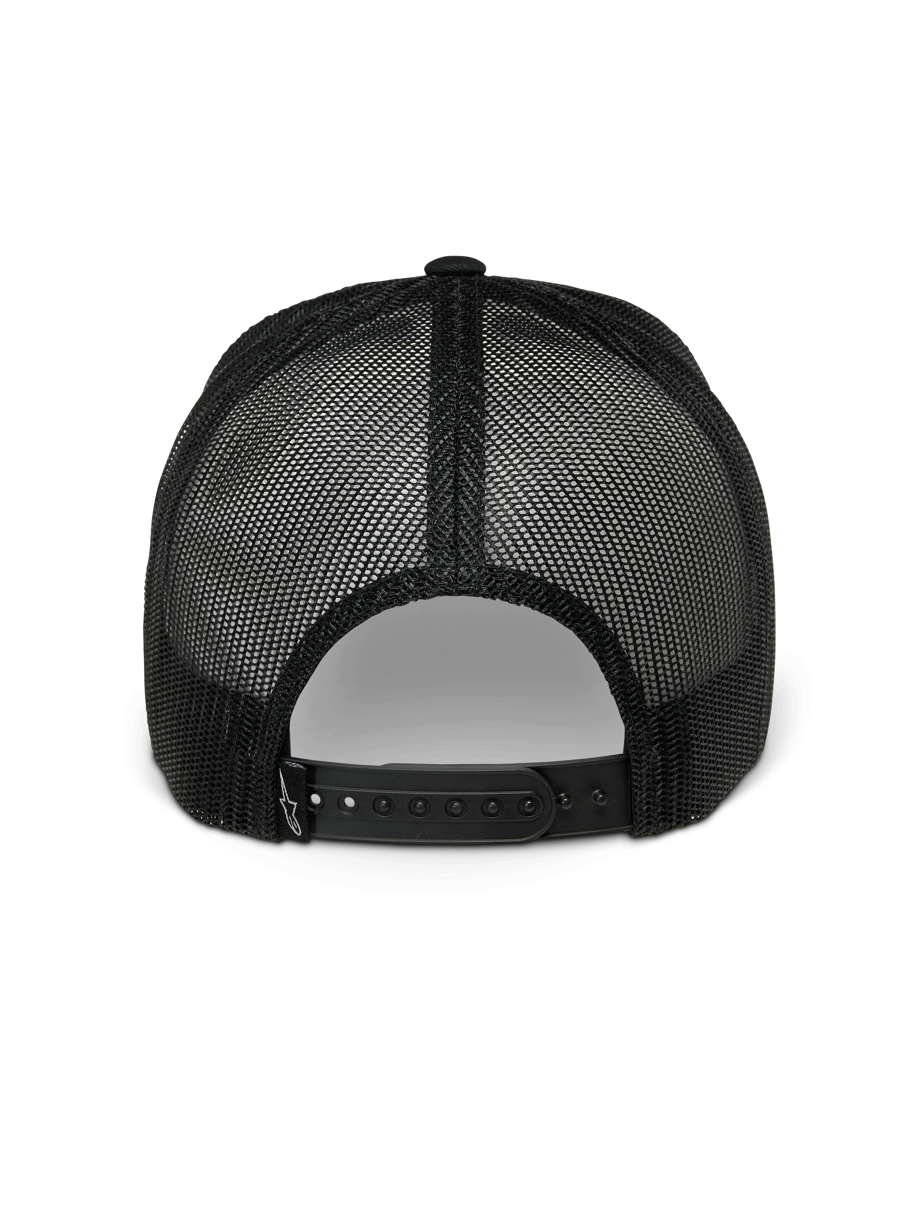 Alpinestars Gambit Trucker Hat, czarna czapka z daszkiem typu snapback, widok z tyłu ukazujący oddychające panele z poliestrowej siatki i regulowane zapięcie typu snapback, codzienna odzież sportowa motorsport