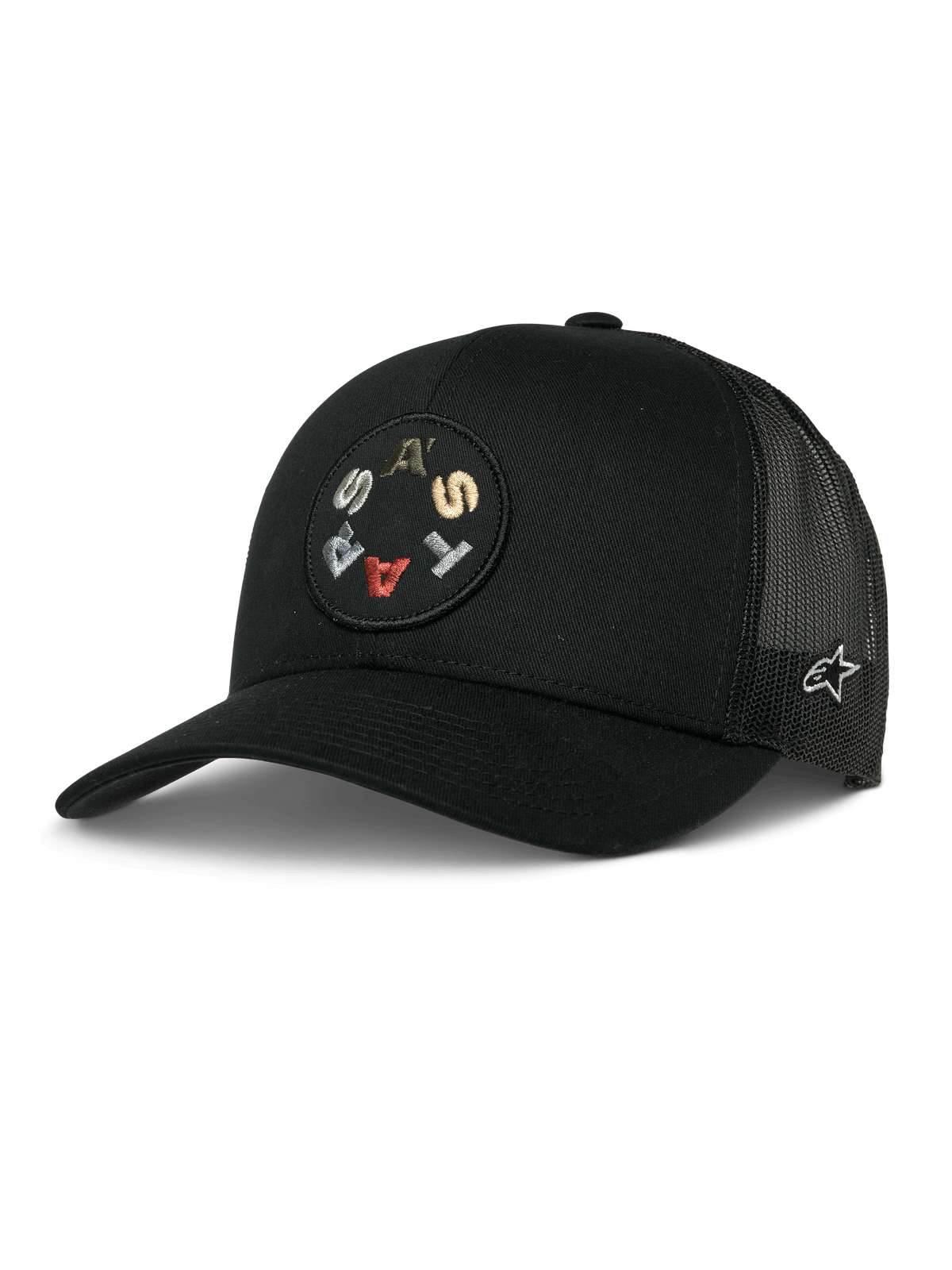 Alpinestars Gambit Trucker Hat, Black, featuring a circular front patch with colorful embroidered letters, breathable mesh back panels, curved brim, and a small white side logo, casual motorsport lifestyle headwear