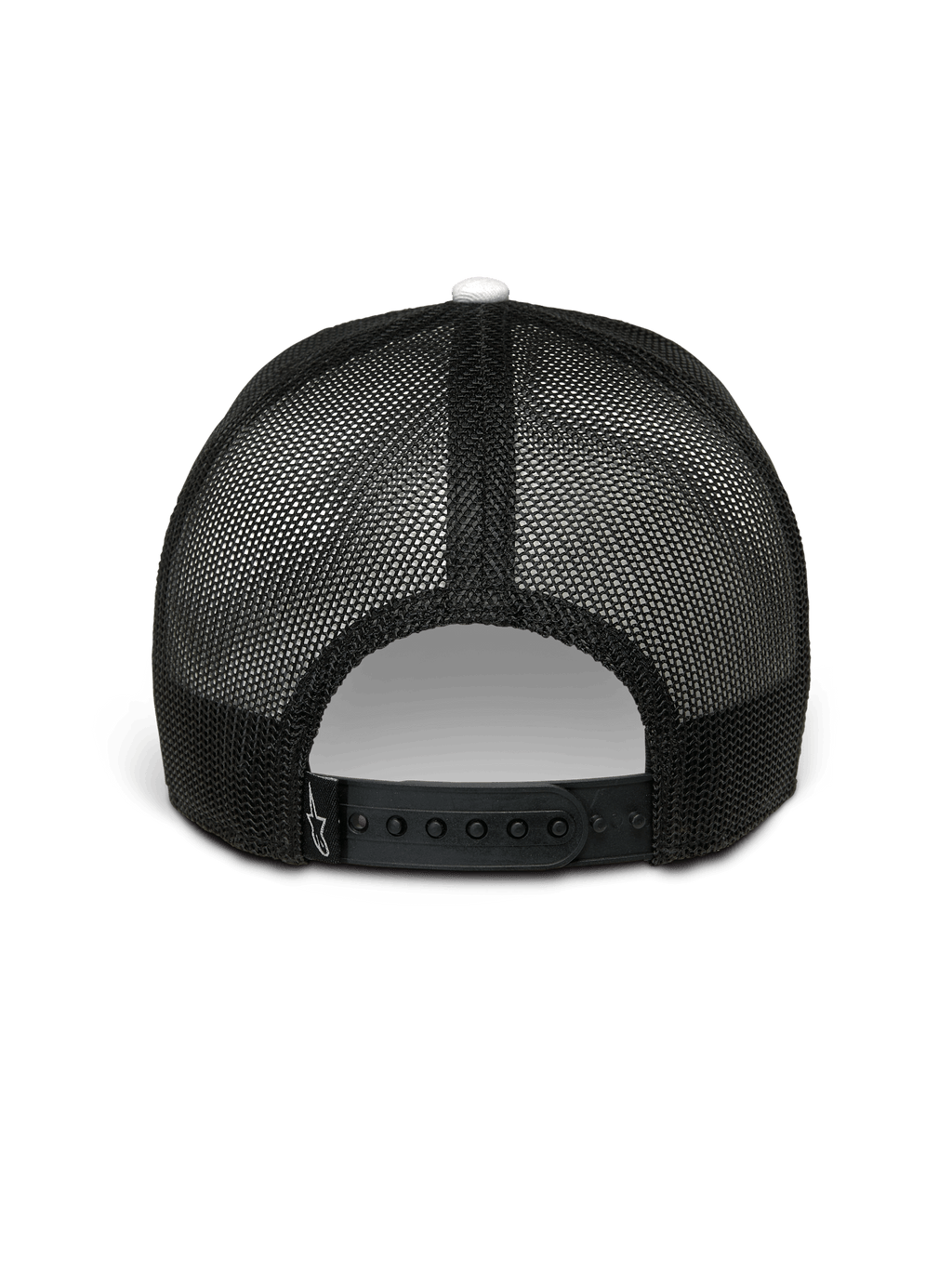 Alpinestars Hardware Trucker Hat, biało-czarna, widok z tyłu, czarny tył z poliestrowej siatki z regulowanym zapięciem typu snapback, małe białe logo Alpinestars na pasku, codzienna odzież streetwearowa inspirowana motorsportem