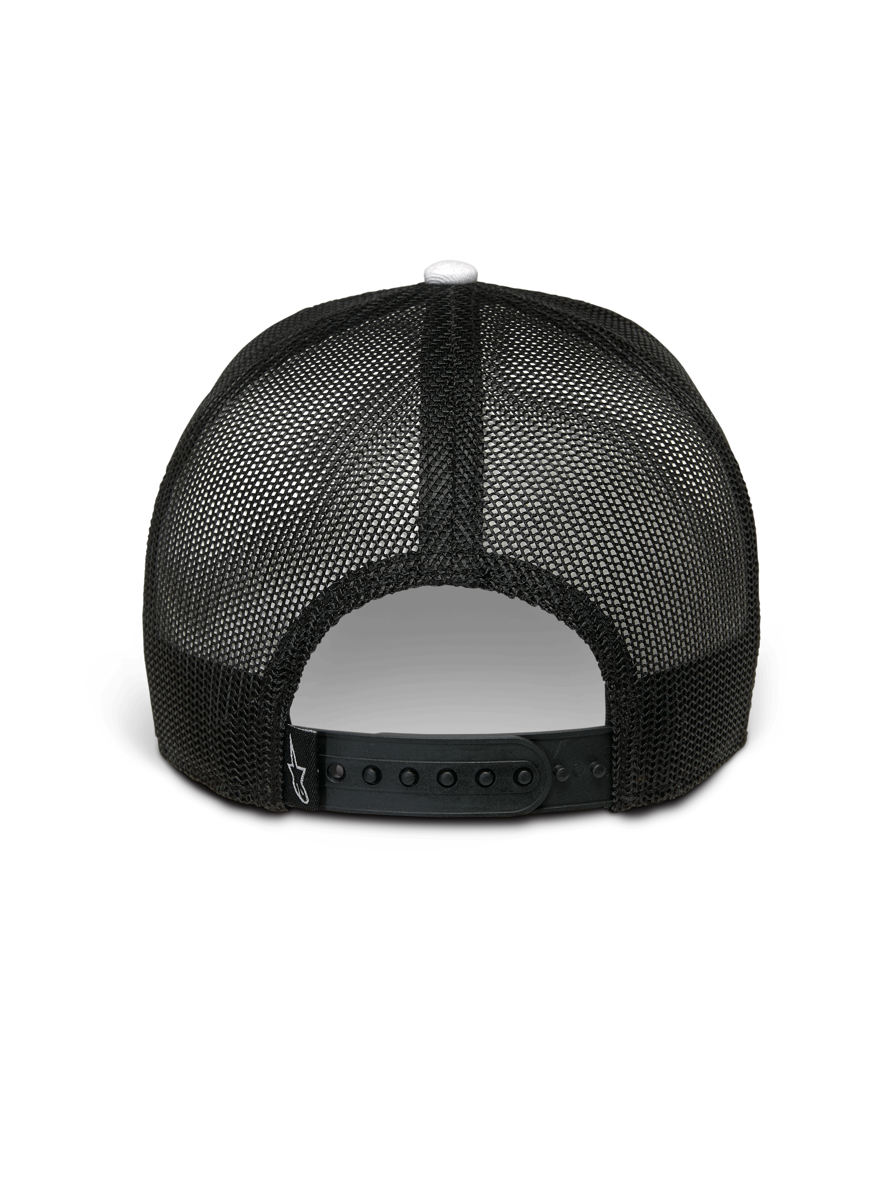 Alpinestars Hardware Trucker Hat, biało-czarna, widok z tyłu, czarny tył z poliestrowej siatki z regulowanym zapięciem typu snapback, małe białe logo Alpinestars na pasku, codzienna odzież streetwearowa inspirowana motorsportem