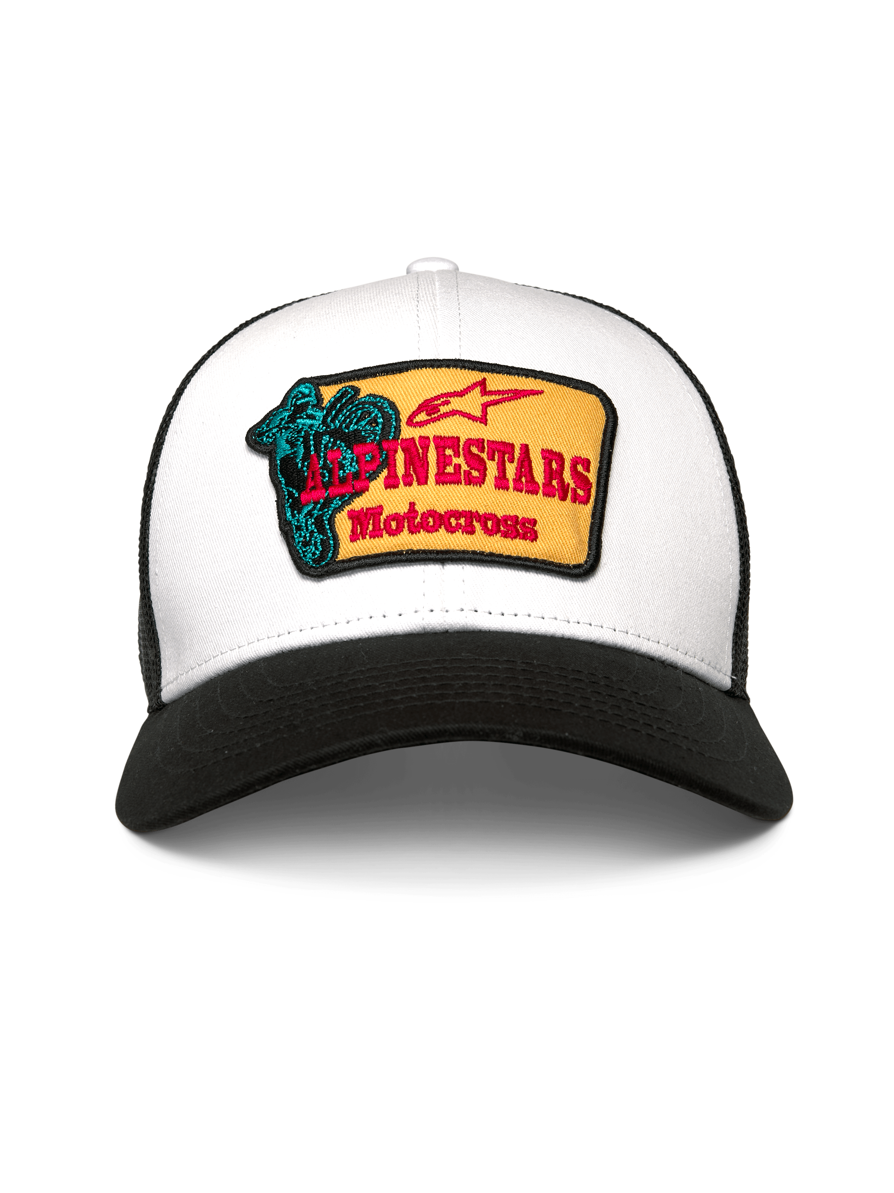 Alpinestars Hardware Trucker Hat, czapka typu trucker, biało-czarna, z żółtą haftowaną naszywką, czerwonym napisem Alpinestars Motocross i turkusową grafiką, zakrzywiony daszek i oddychająca siateczka z tyłu, codzienne nakrycie głowy inspirowane sportami motorowymi