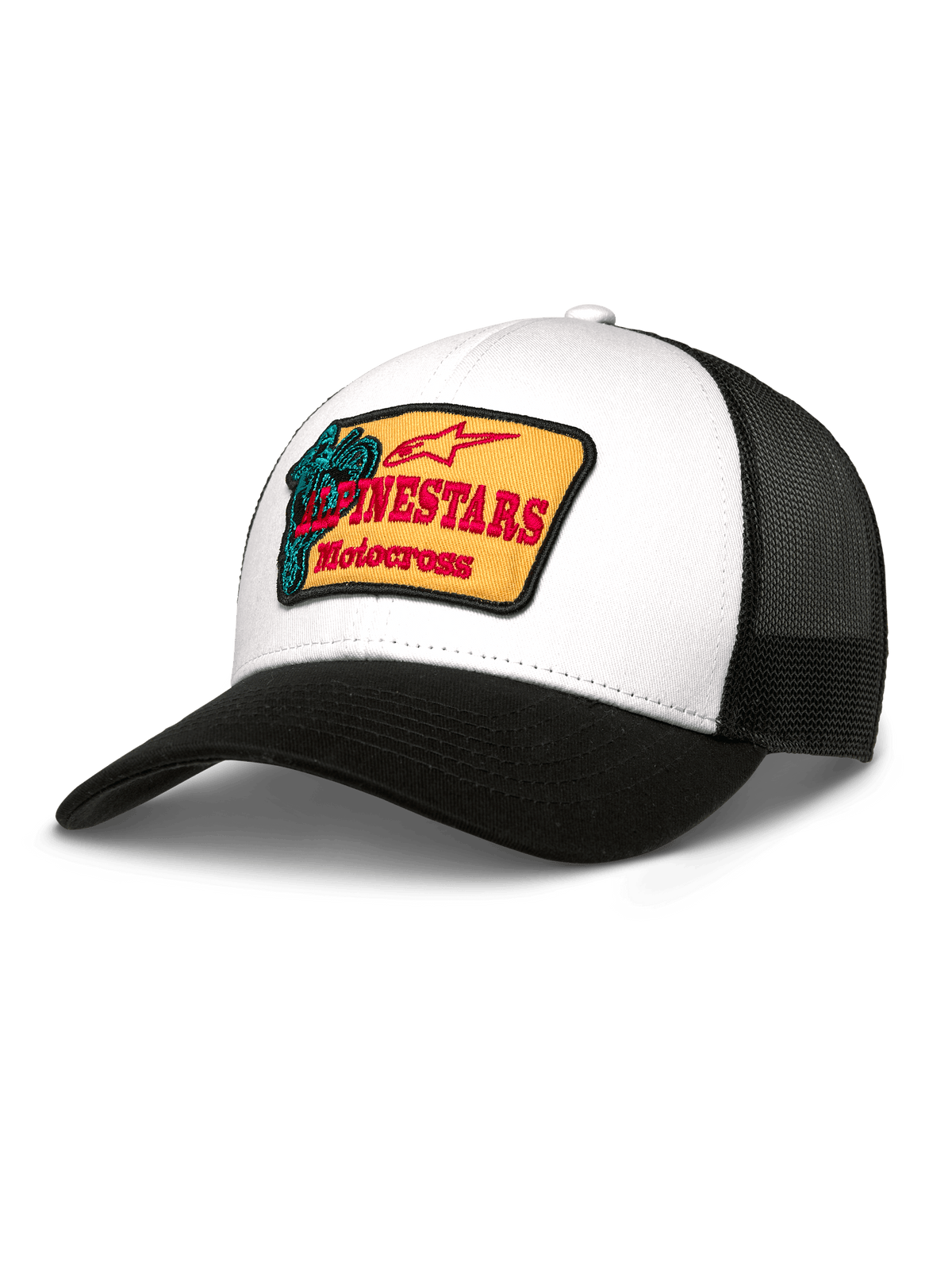 Alpinestars Hardware Trucker Hat, czapka typu trucker, biały przód z twillu i czarny tył z siateczki, żółta haftowana naszywka z czerwonym brandingiem i turkusową grafiką motocrossową, zakrzywiony czarny daszek, codzienna odzież sportowa
