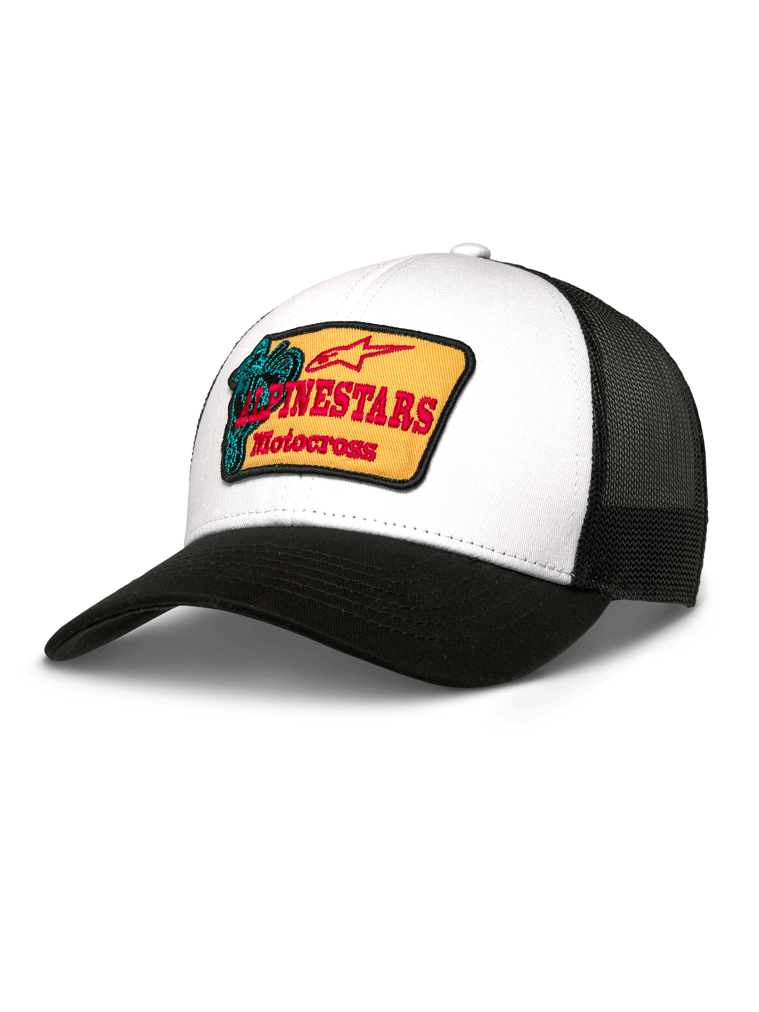 Alpinestars Hardware Trucker Hat, czapka typu trucker, biały przód z twillu i czarny tył z siateczki, żółta haftowana naszywka z czerwonym brandingiem i turkusową grafiką motocrossową, zakrzywiony czarny daszek, codzienna odzież sportowa
