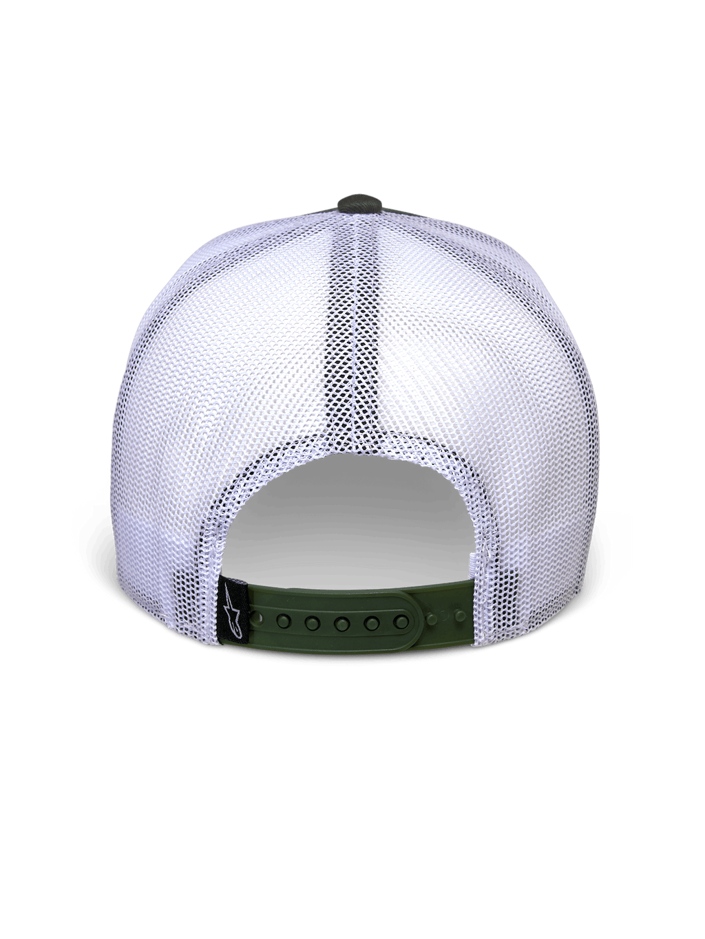 Alpinestars Hardware Trucker Hat w kolorze Military White, widok z tyłu z białymi panelami z siatki i oliwkowym zapięciem snapback, mała czarna metka z logo A-star, codzienne nakrycie głowy inspirowane motorsportem