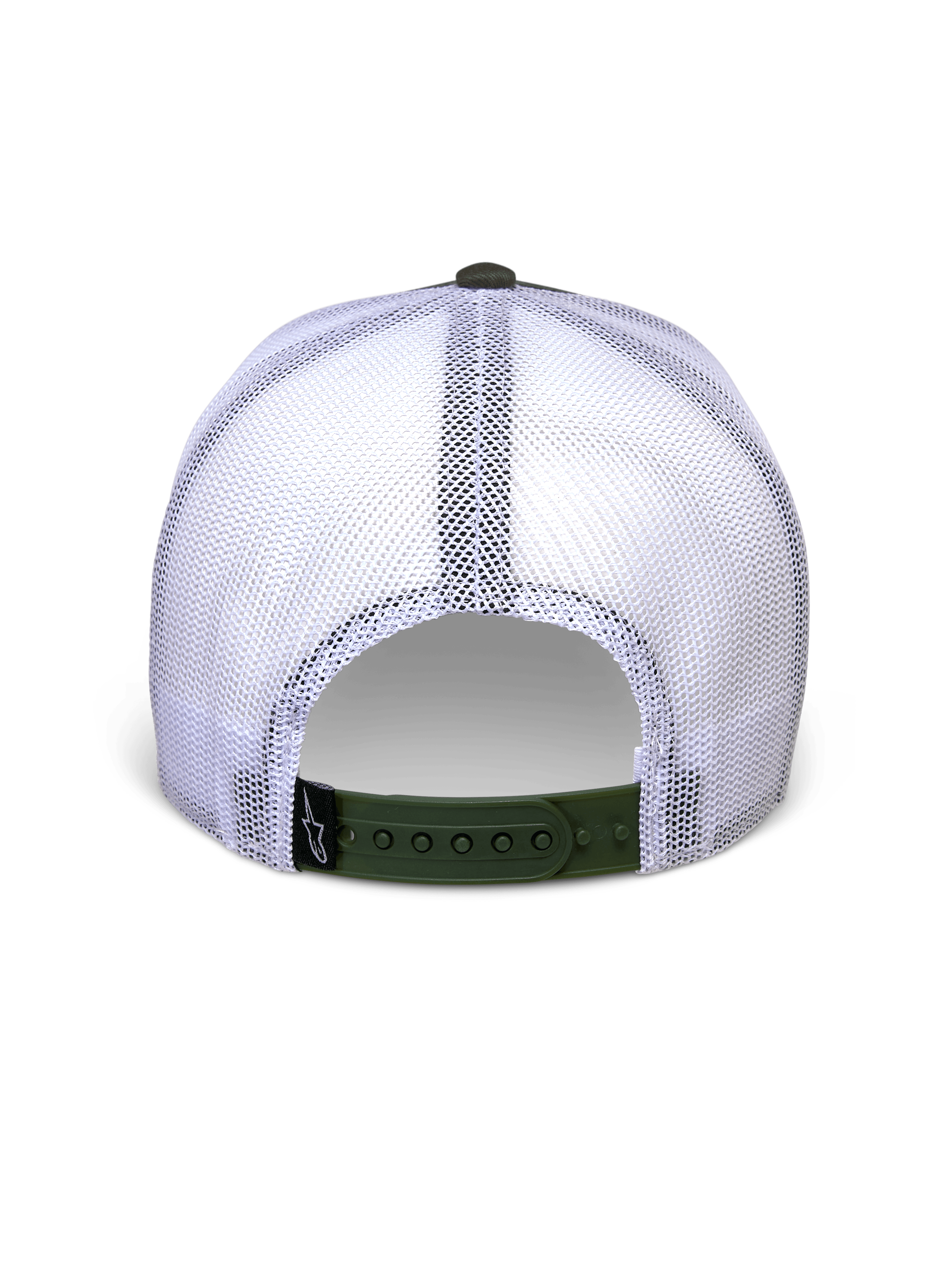 Alpinestars Hardware Trucker Hat w kolorze Military White, widok z tyłu z białymi panelami z siatki i oliwkowym zapięciem snapback, mała czarna metka z logo A-star, codzienne nakrycie głowy inspirowane motorsportem