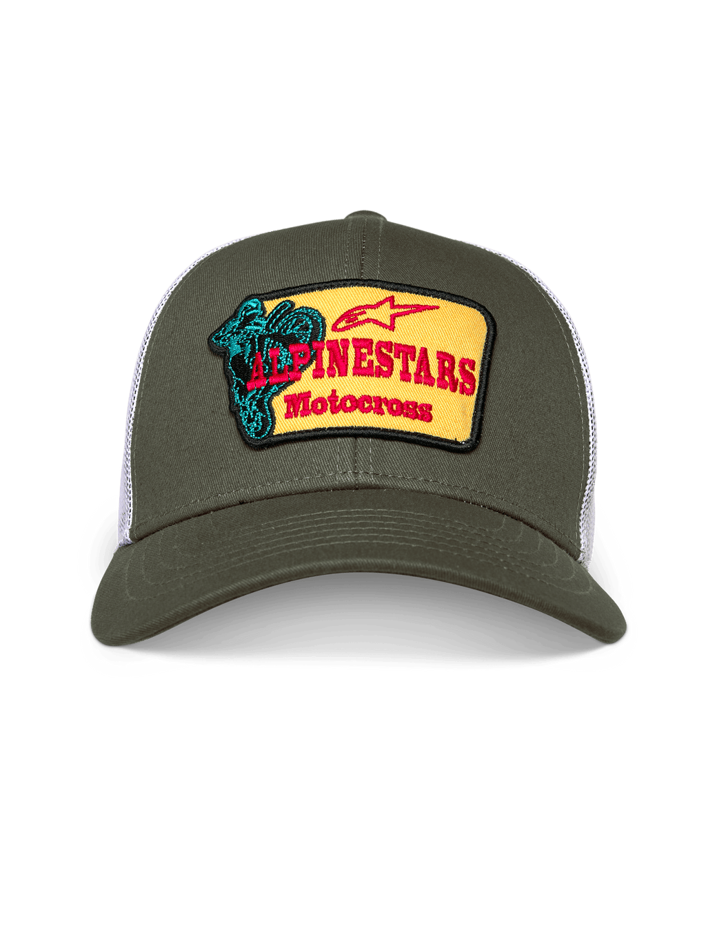 Alpinestars Hardware Trucker Hat, oliwkowa i biała czapka z daszkiem typu trucker, usztywniona korona z zakrzywionym daszkiem, żółta haftowana naszywka z przodu z czerwonym logo Alpinestars Motocross i turkusową grafiką motocyklisty, casualowa odzież motorsportowa