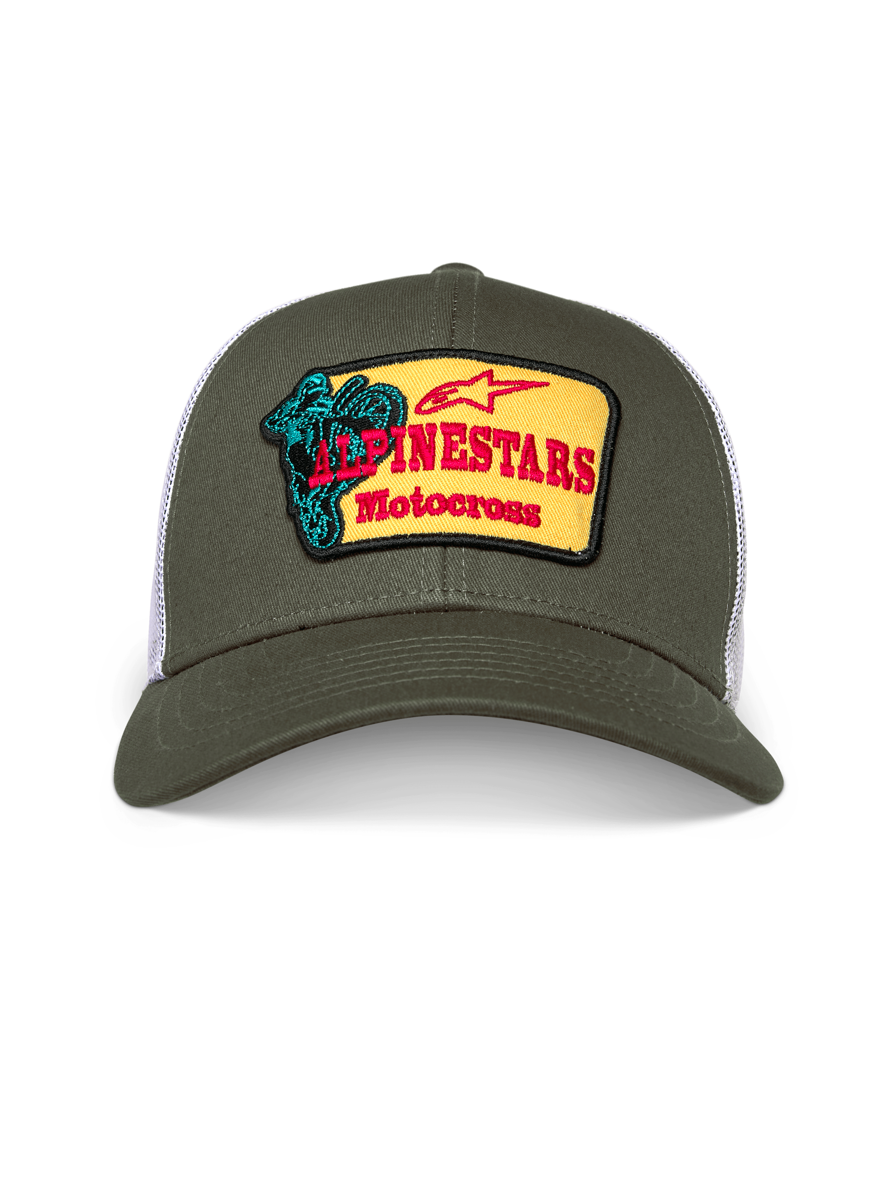 Alpinestars Hardware Trucker Hat, oliwkowa i biała czapka z daszkiem typu trucker, usztywniona korona z zakrzywionym daszkiem, żółta haftowana naszywka z przodu z czerwonym logo Alpinestars Motocross i turkusową grafiką motocyklisty, casualowa odzież motorsportowa
