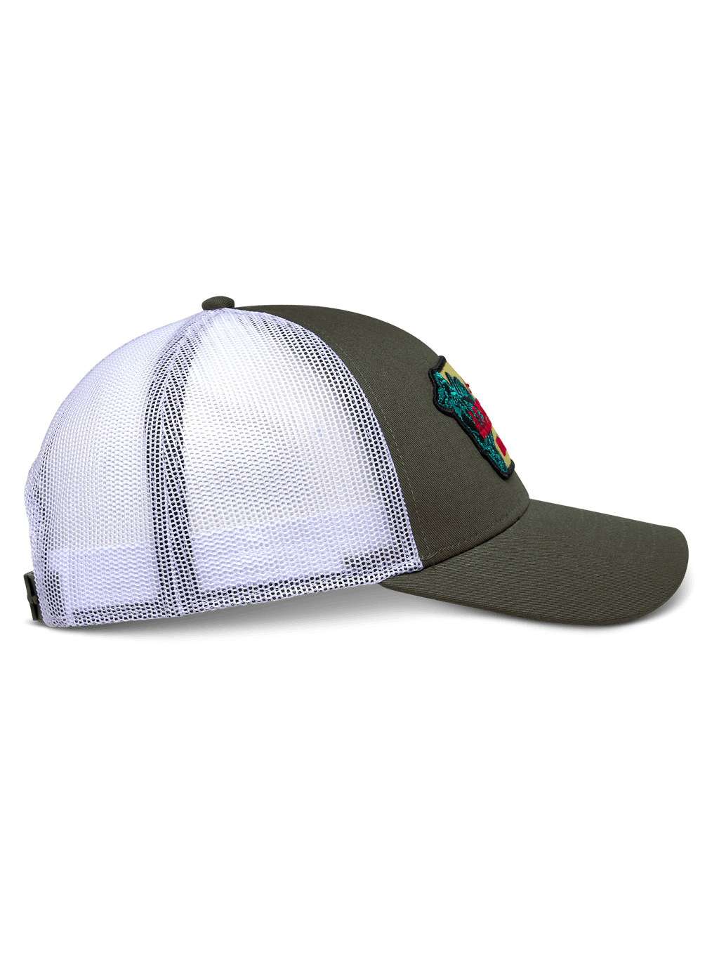 Alpinestars Hardware Trucker Hat, widok z profilu, wojskowa zieleń z białą siatką poliestrową, zakrzywiony daszek i strukturalna korona, haftowana naszywka, codzienne nakrycie głowy inspirowane sportami motorowymi