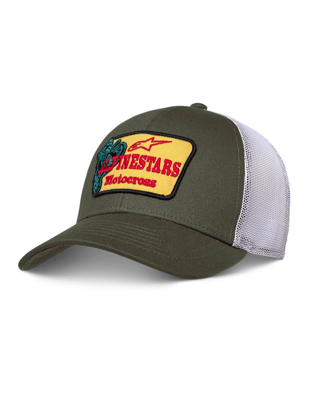 Alpinestars Hardware Trucker Hat, oliwkowa z białą siatką mesh, żółta naszywka z czerwonym brandingiem Alpinestars Motocross, zakrzywiony daszek, strukturalna korona, codzienna odzież sportowa typu motorsport