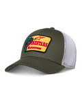 Alpinestars Hardware Trucker Hat, oliwkowa z białą siatką mesh, żółta naszywka z czerwonym brandingiem Alpinestars Motocross, zakrzywiony daszek, strukturalna korona, codzienna odzież sportowa typu motorsport