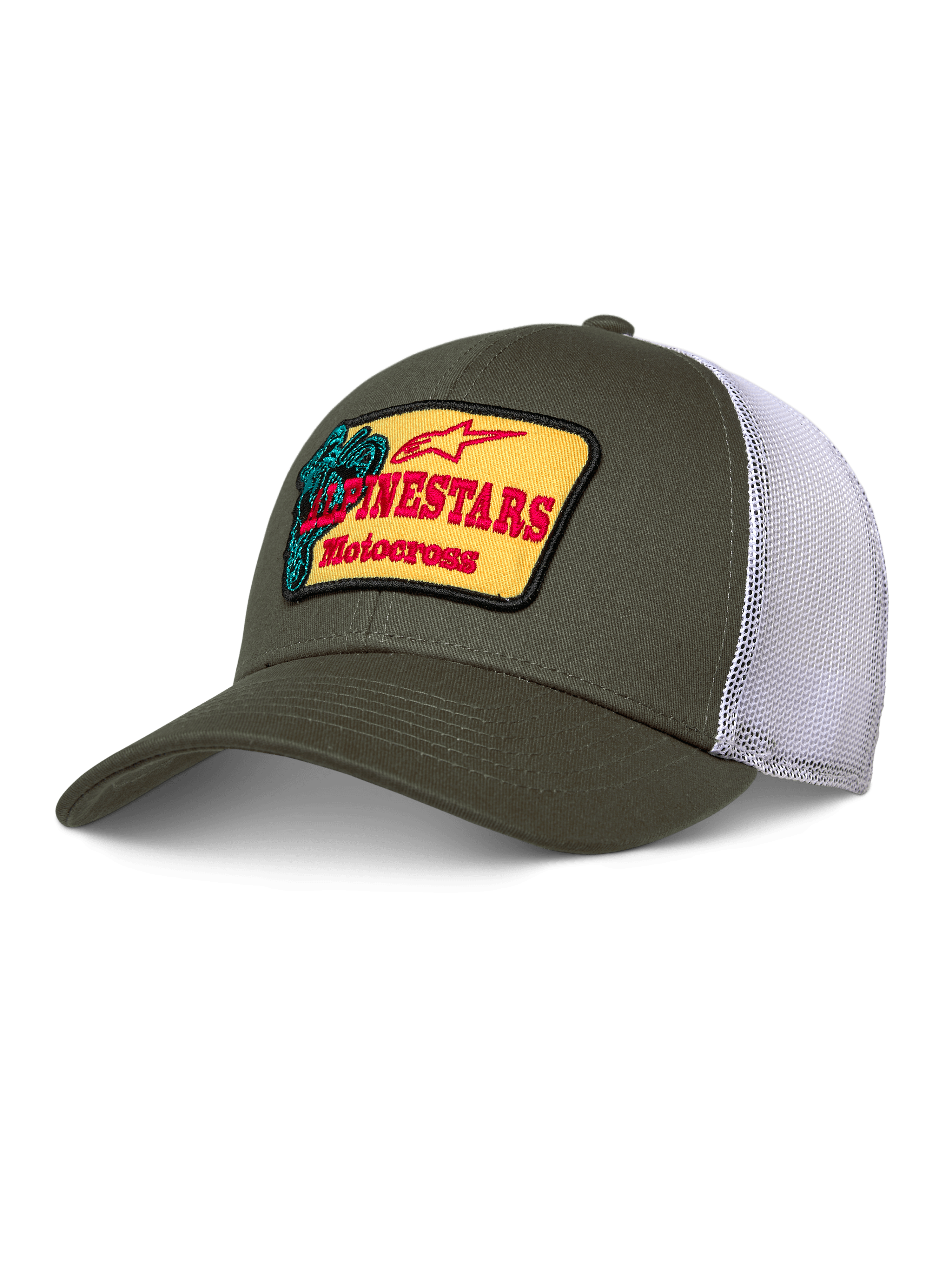 Alpinestars Hardware Trucker Hat, oliwkowa z białą siatką mesh, żółta naszywka z czerwonym brandingiem Alpinestars Motocross, zakrzywiony daszek, strukturalna korona, codzienna odzież sportowa typu motorsport
