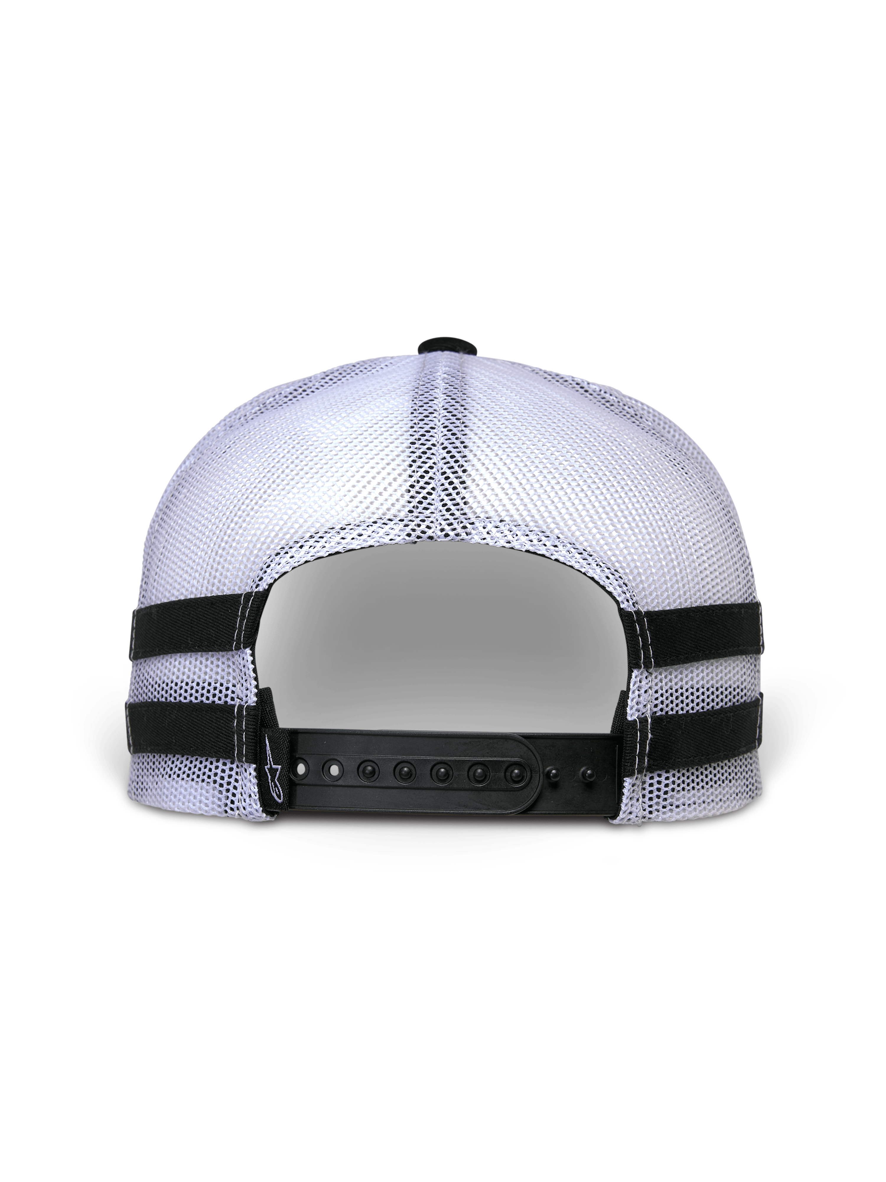 Alpinestars Backline Trucker Hat, widok z tyłu, biały tył z siateczki z czarnym zapięciem typu snapback, poziome czarne paski po bokach, codzienny styl motorsportowy streetwear