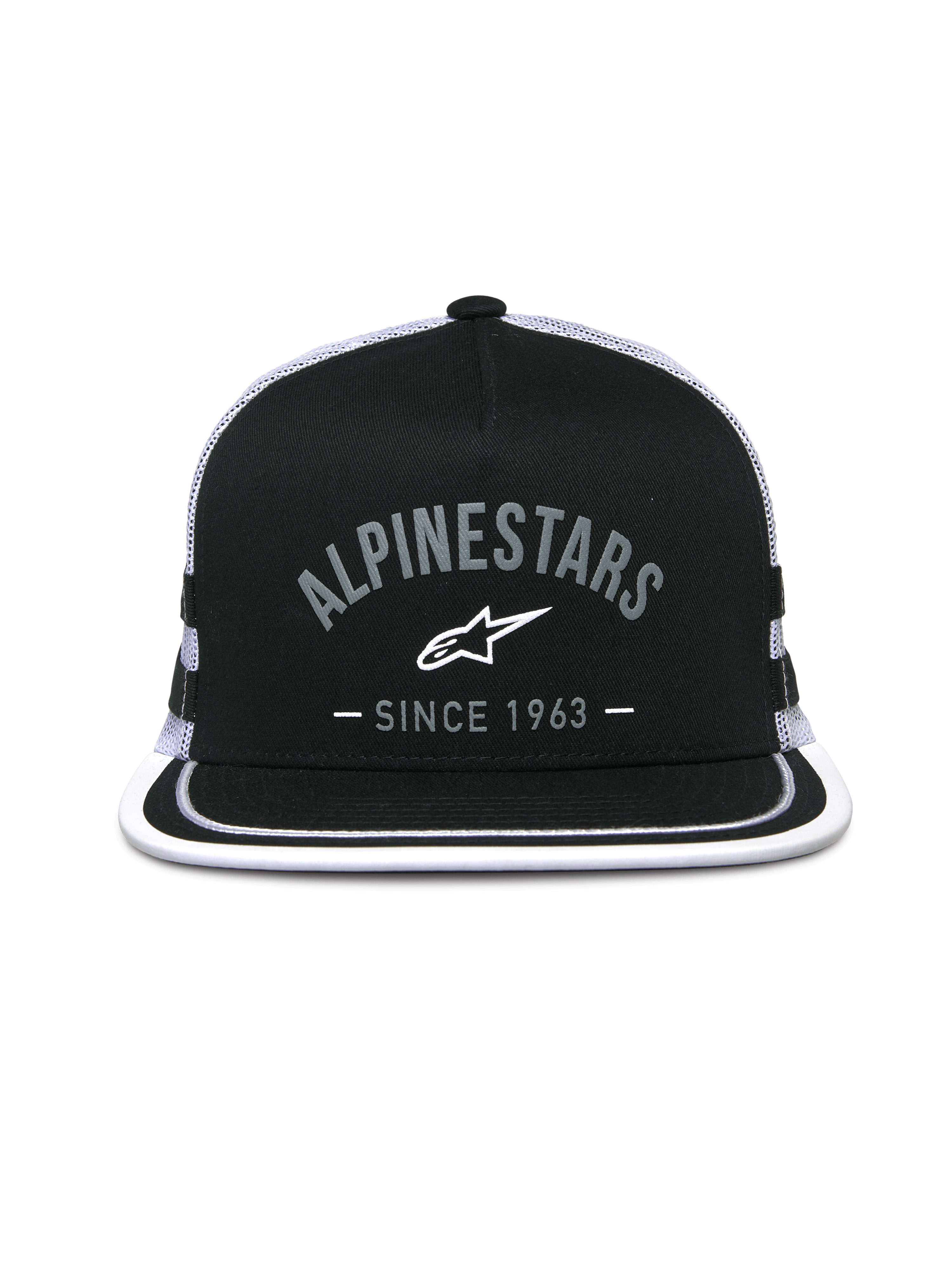 Alpinestars Backline Trucker Hat, czapka typu trucker, czarno-biała, grafika z logo z przodu z napisem „Alpinestars Since 1963”, płaski daszek z białym wykończeniem, usztywniona korona i tył z siateczki