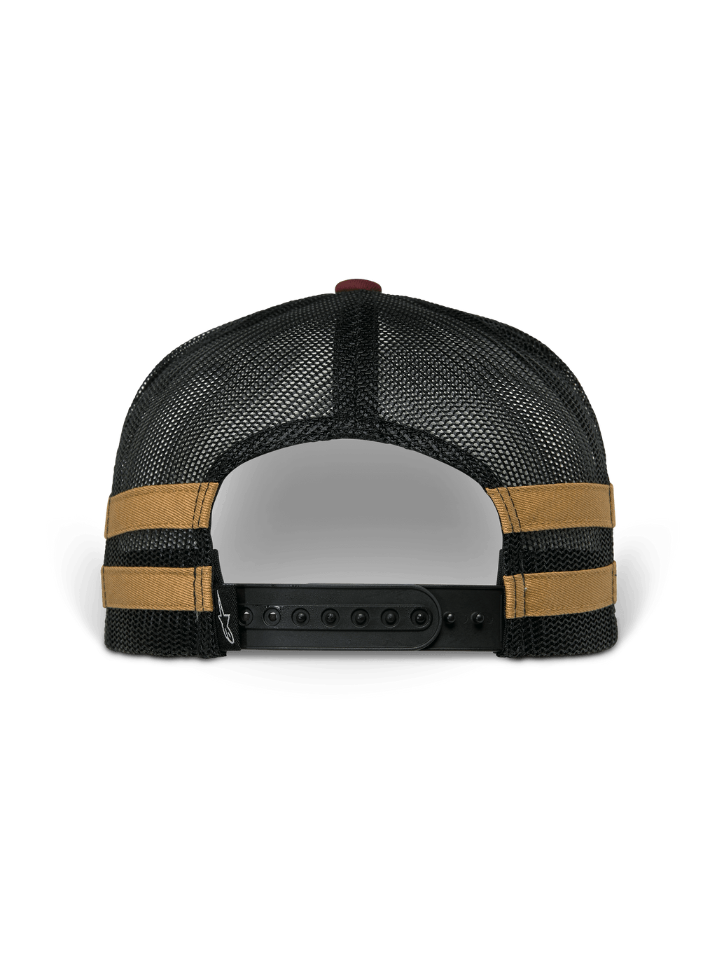 Alpinestars Backline Trucker Hat, widok z tyłu, czarna poliestrowa siatka z musztardowymi paskami po bokach, regulowane czarne zapięcie snapback, codzienne nakrycie głowy inspirowane sportami motorowymi