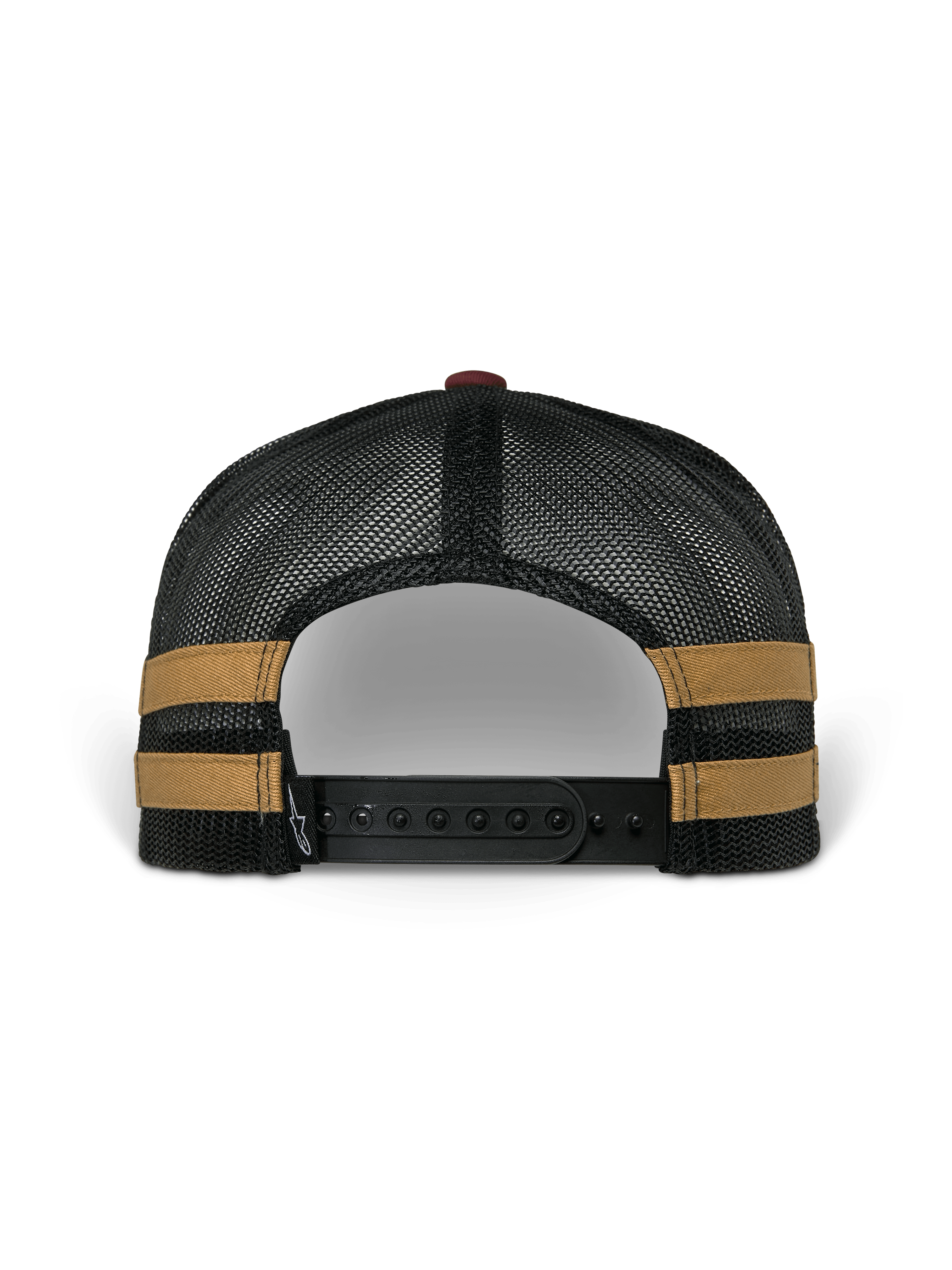 Alpinestars Backline Trucker Hat, widok z tyłu, czarna poliestrowa siatka z musztardowymi paskami po bokach, regulowane czarne zapięcie snapback, codzienne nakrycie głowy inspirowane sportami motorowymi