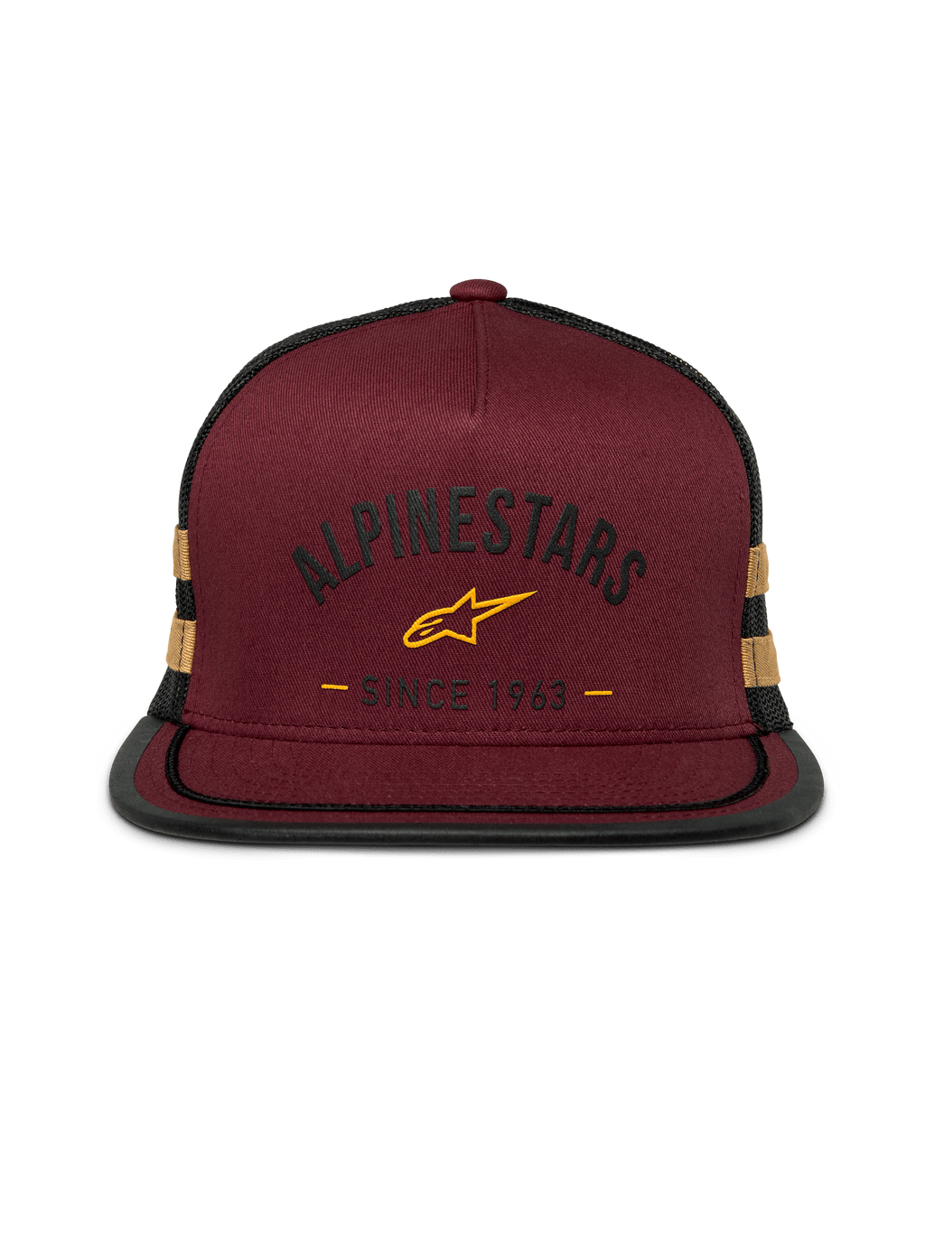 Czapka Alpinestars Backline Trucker, snapback z płaskim daszkiem, ceglastoczerwony przód z twillu i czarny tył z siatki, musztardowożółte logo i boczne paski, usztywniana korona z ozdobnym sznurkiem na daszku, codzienny styl motorsport streetwear