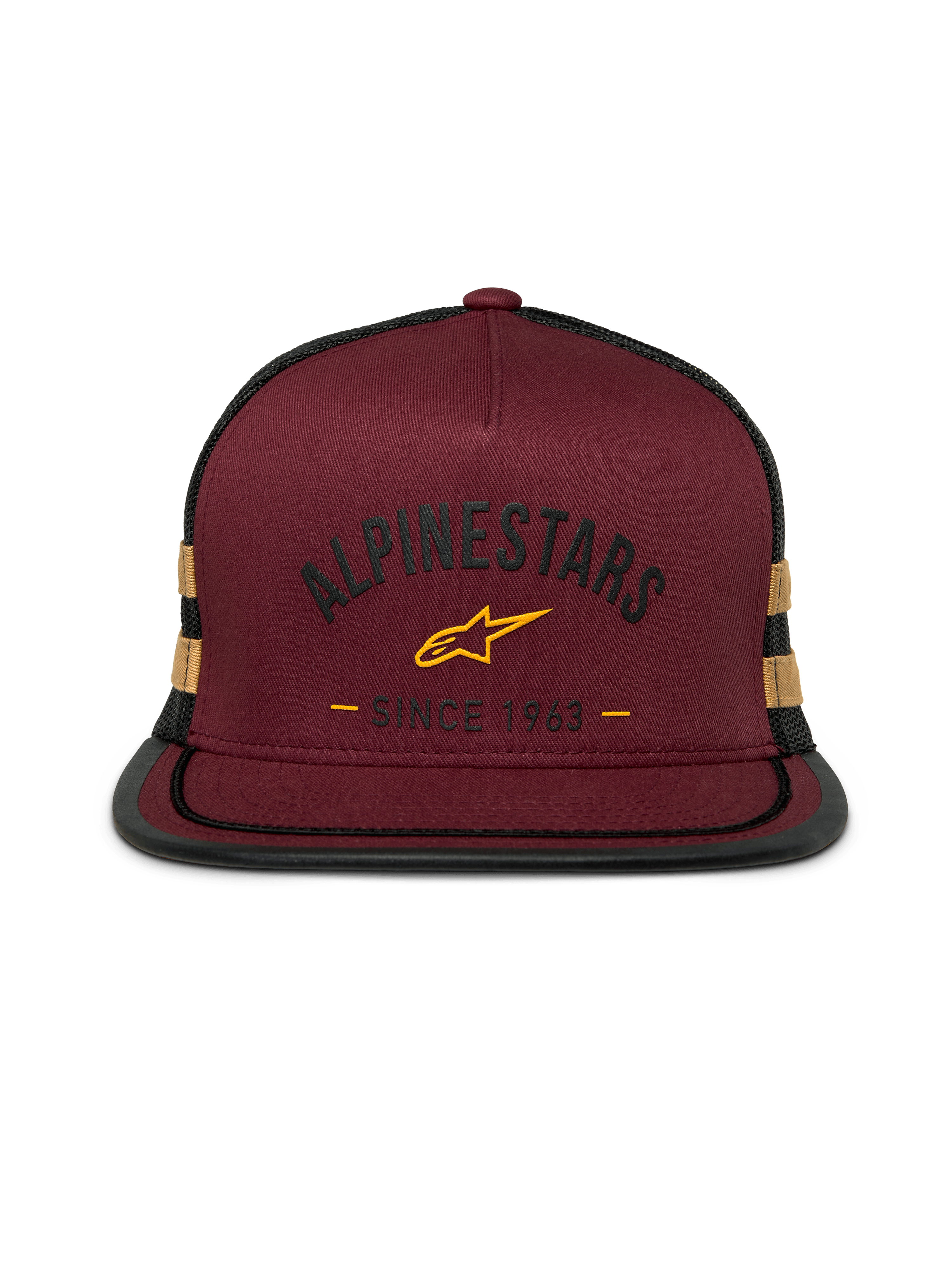 Czapka Alpinestars Backline Trucker, snapback z płaskim daszkiem, ceglastoczerwony przód z twillu i czarny tył z siatki, musztardowożółte logo i boczne paski, usztywniana korona z ozdobnym sznurkiem na daszku, codzienny styl motorsport streetwear