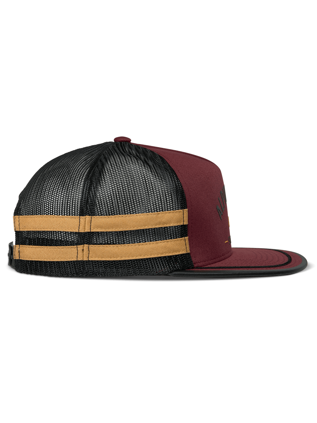 Alpinestars Backline Trucker Hat, kolor ceglasty, czarny i musztardowy, widok z profilu, ciemnoczerwony przód z twillu z tyłem z czarnej siateczki i żółtymi bocznymi paskami, płaski daszek z czarnym wykończeniem sutasz, codzienne nakrycie głowy inspirowane motorsportem