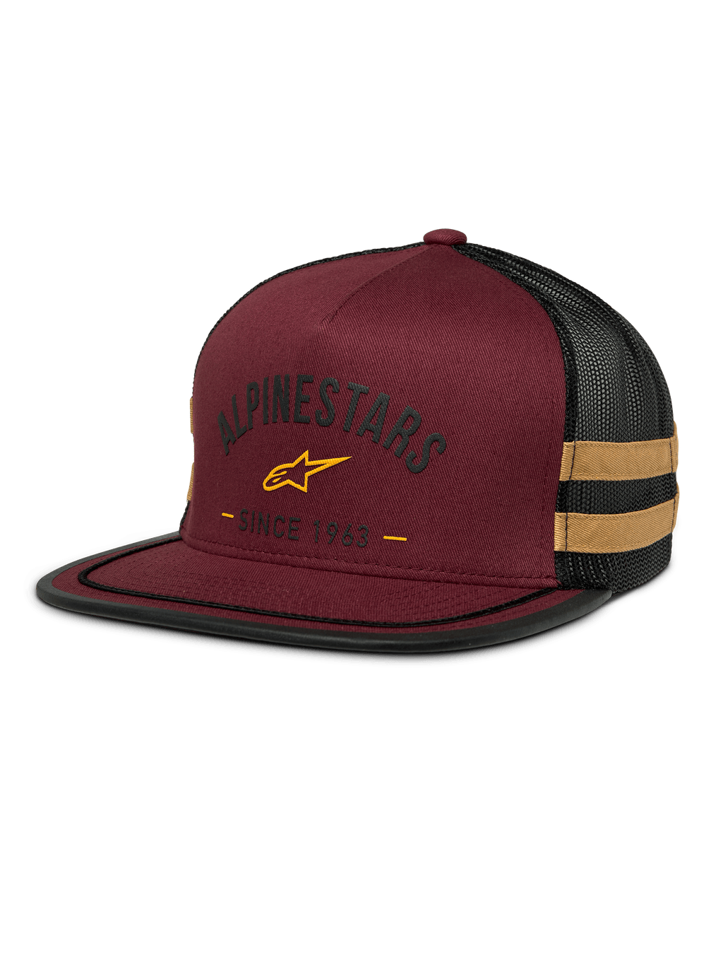 Alpinestars Backline Trucker Hat, czapka typu trucker, ceglasta z czarną siateczką, żółte logo z gwiazdą i grafika „Since 1963”, usztywniana korona z płaskim daszkiem, musztardowo-żółte pasy z boku