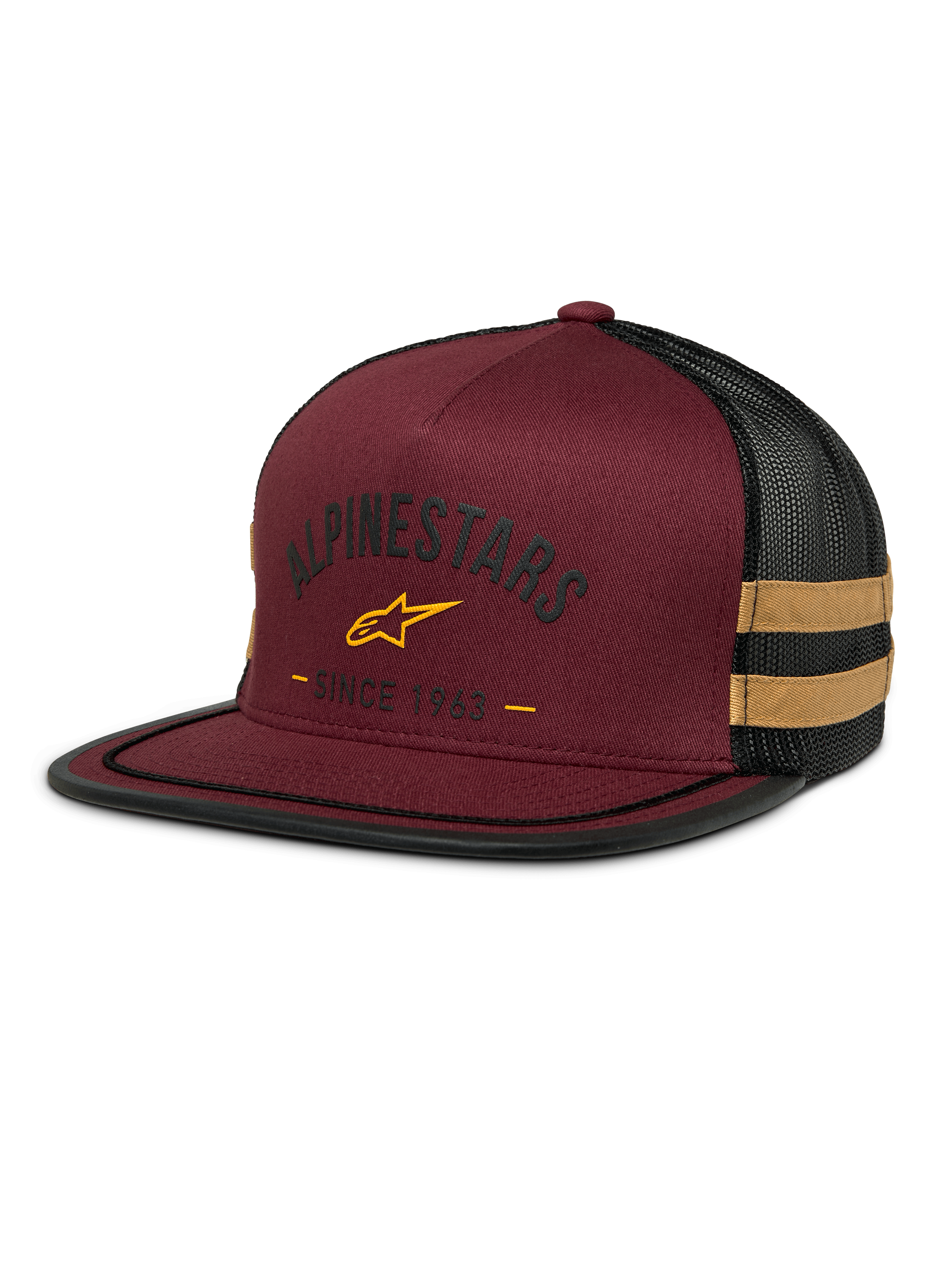 Alpinestars Backline Trucker Hat, czapka typu trucker, ceglasta z czarną siateczką, żółte logo z gwiazdą i grafika „Since 1963”, usztywniana korona z płaskim daszkiem, musztardowo-żółte pasy z boku