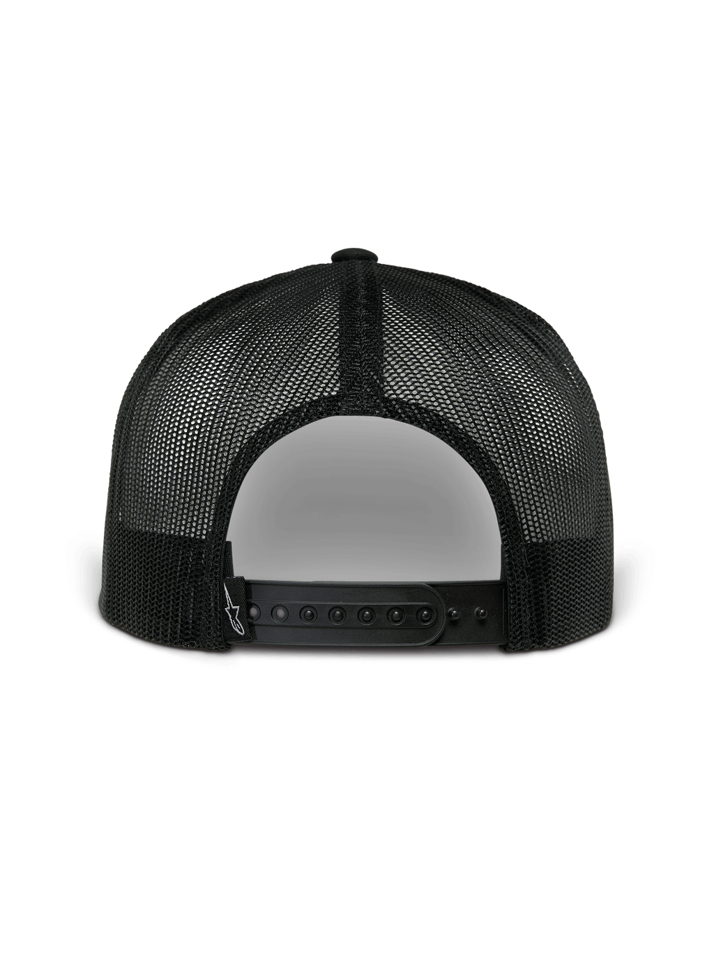 Alpinestars Orion Trucker Hat, widok z tyłu, granatowo-czarna, z czarną poliestrową siatką i zapięciem snapback, codzienne nakrycie głowy inspirowane sportami motorowymi