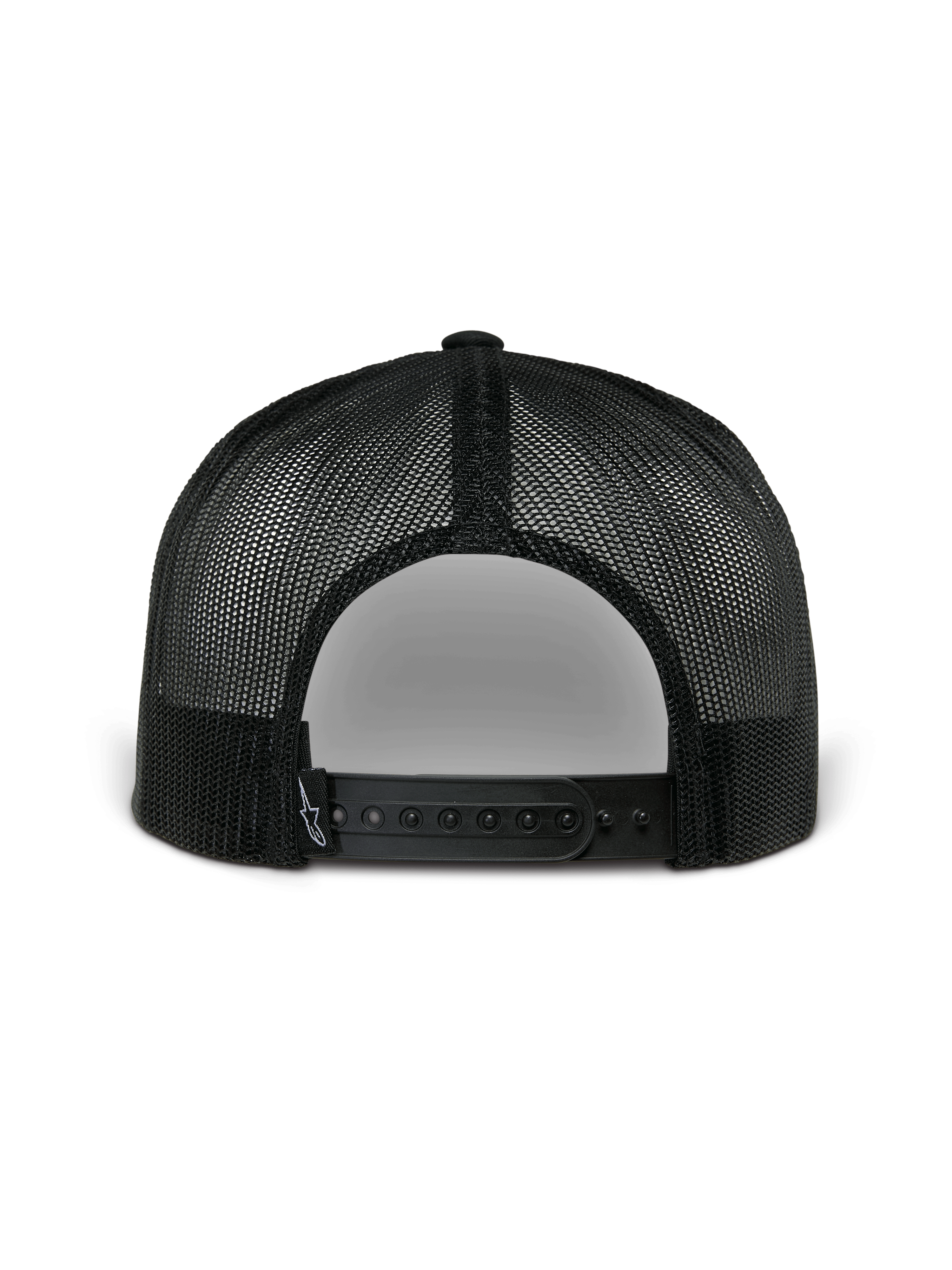 Alpinestars Orion Trucker Hat, widok z tyłu, granatowo-czarna, z czarną poliestrową siatką i zapięciem snapback, codzienne nakrycie głowy inspirowane sportami motorowymi