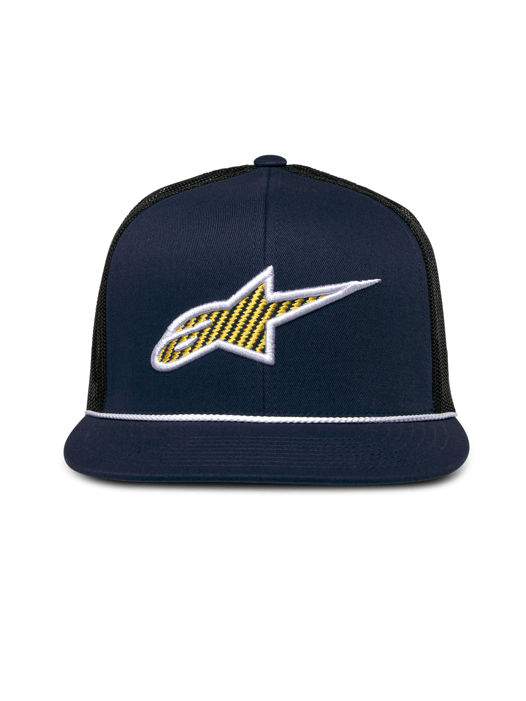 Alpinestars Orion Trucker Hat, granatowo-czarna czapka z daszkiem, przednie logo 3D Ageless z żółtym wzorem i białą obwódką, płaski daszek z białym ozdobnym sznurkiem, sztywna korona i czarna siatka z tyłu, codzienne nakrycie głowy w stylu motorsport