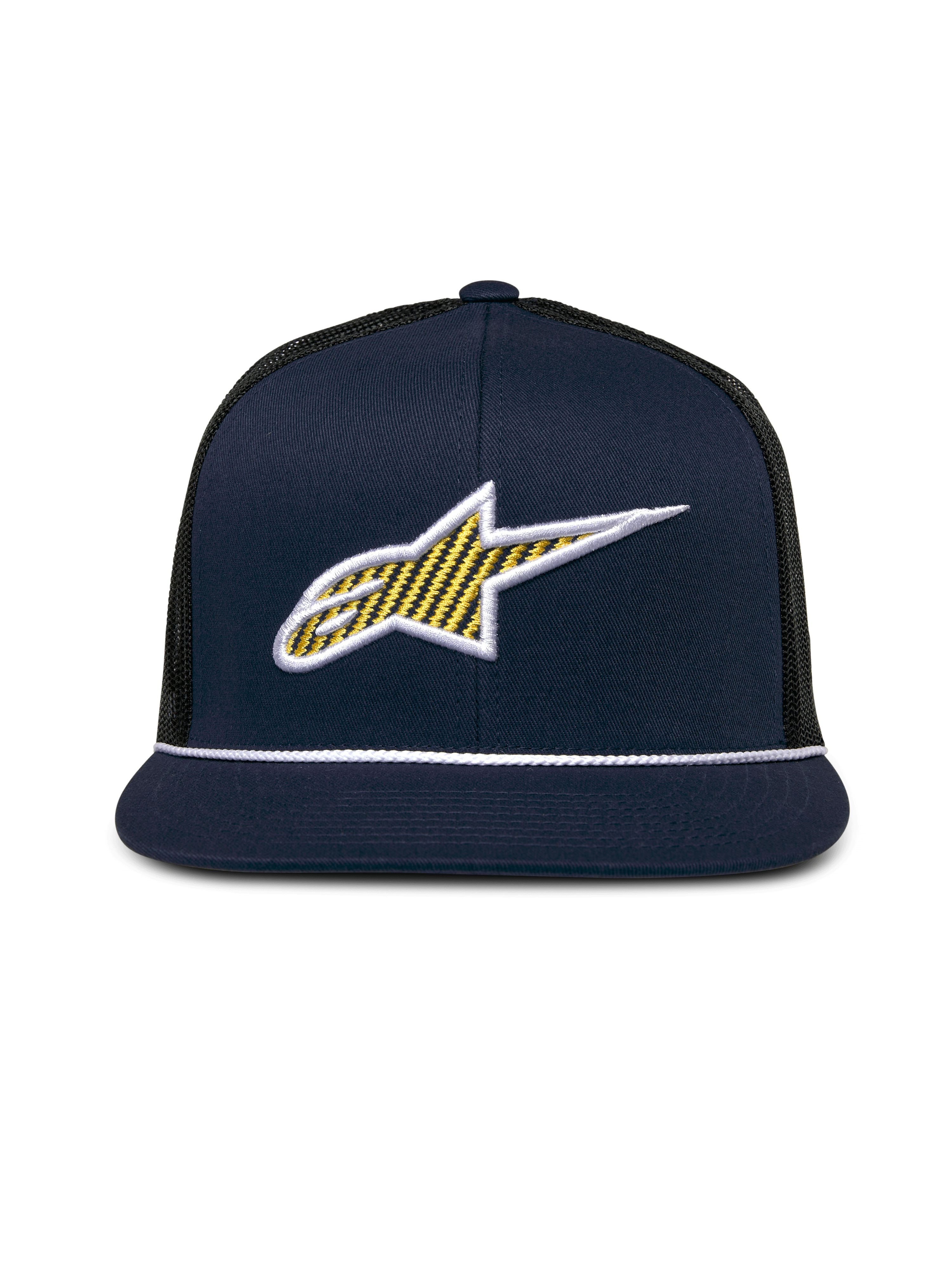Alpinestars Orion Trucker Hat, granatowo-czarna czapka z daszkiem, przednie logo 3D Ageless z żółtym wzorem i białą obwódką, płaski daszek z białym ozdobnym sznurkiem, sztywna korona i czarna siatka z tyłu, codzienne nakrycie głowy w stylu motorsport