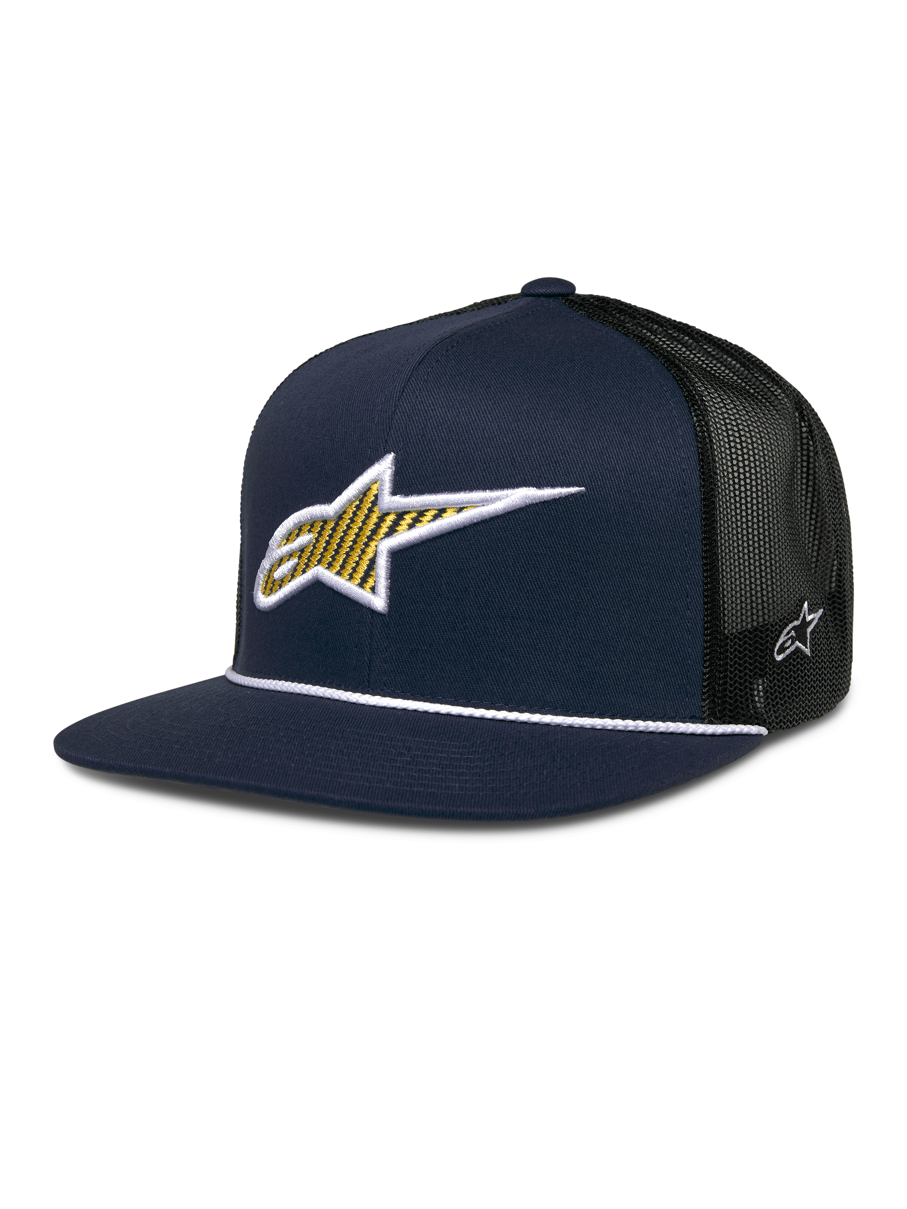 Alpinestars Orion Trucker Hat, granatowa i czarna, sztywny przedni panel z haftowanym logo 3D z żółto-białą gwiazdą, czarny siatkowy tył, biały sznurek na płaskim daszku, mały biały emblemat gwiazdy z boku