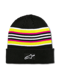 Alpinestars Bolted Cuff Beanie, czapka zimowa z dzianiny, czarna z paskami w kolorze białym, żółtym i różowym, z gwiazdą na mankiecie, tekstura prążkowana