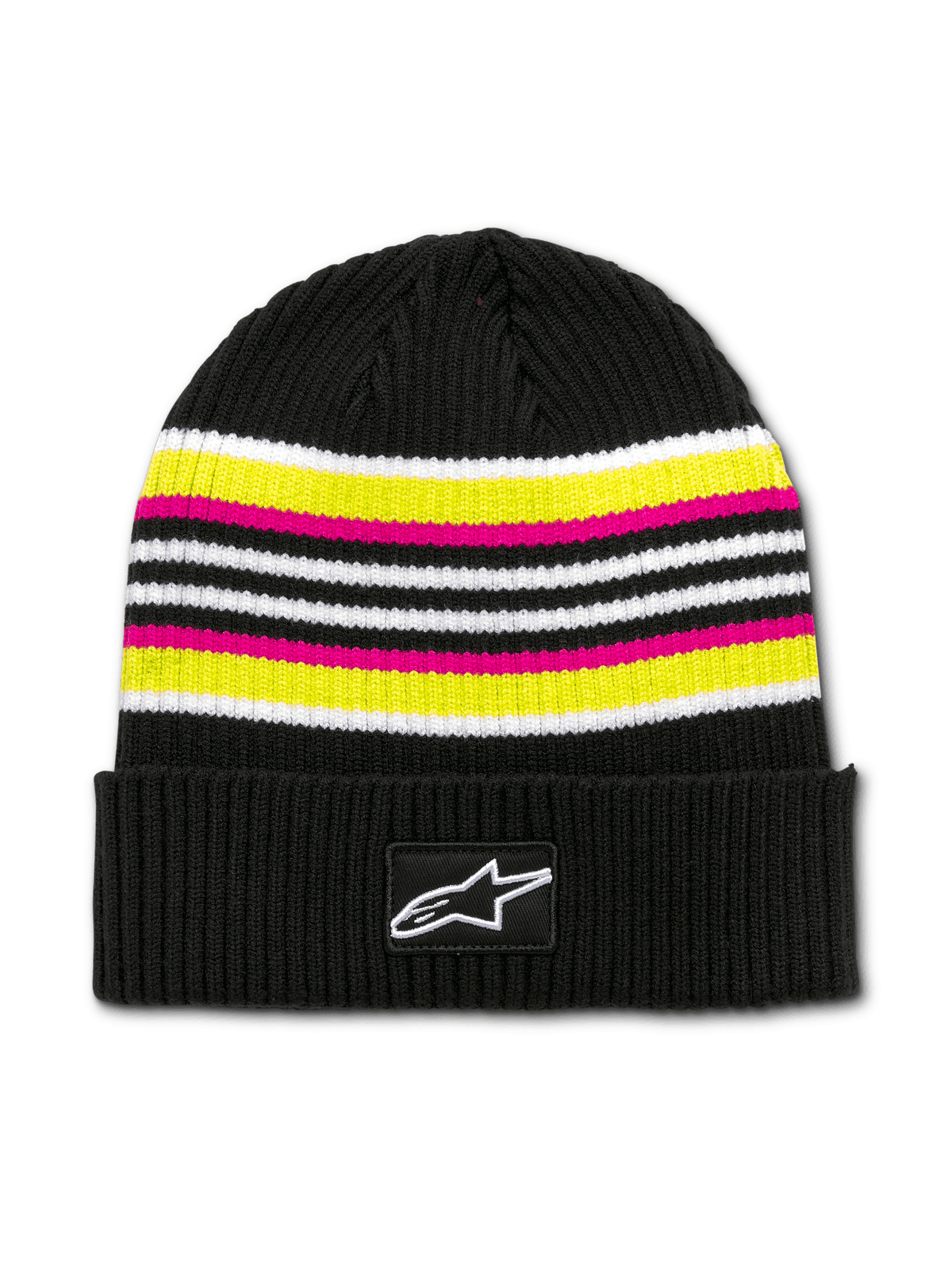Alpinestars Bolted Cuff Beanie, czapka zimowa z dzianiny, czarna z paskami w kolorze białym, żółtym i różowym, z gwiazdą na mankiecie, tekstura prążkowana