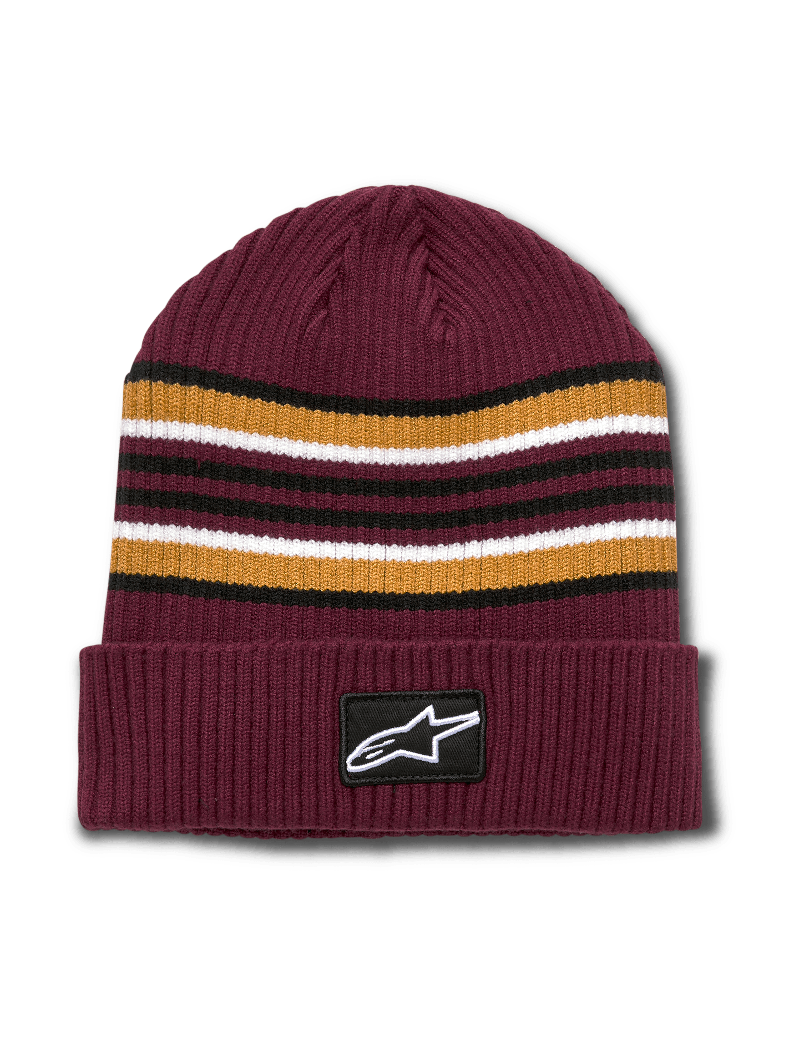 Alpinestars Bolted Cuff Beanie, bordowa czapka zimowa z prążkowanej dzianiny, poziome paski w kolorach złotym, czarnym i białym, wywinięty mankiet z tkaną naszywką z logo Alpinestars, sportowe nakrycie głowy