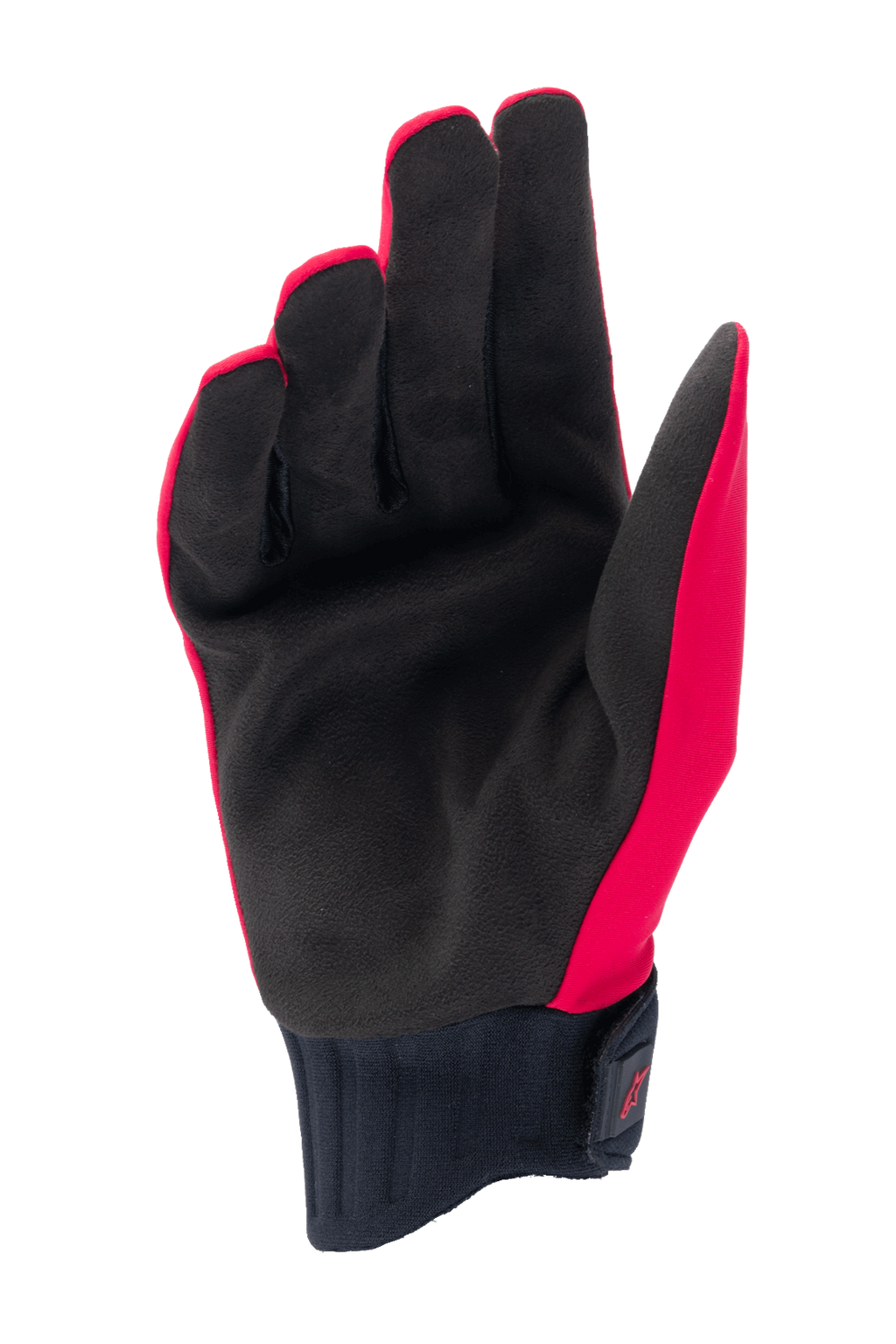 Alpinestars A-Dura Rain Gloves, rękawice MTB, czerwone fluo i czarne, widok od strony dłoni z czarnym syntetycznym zamszem, żebrowany neoprenowy mankiet z zapięciem na rzep, niskoprofilowa konstrukcja do kolarstwa górskiego